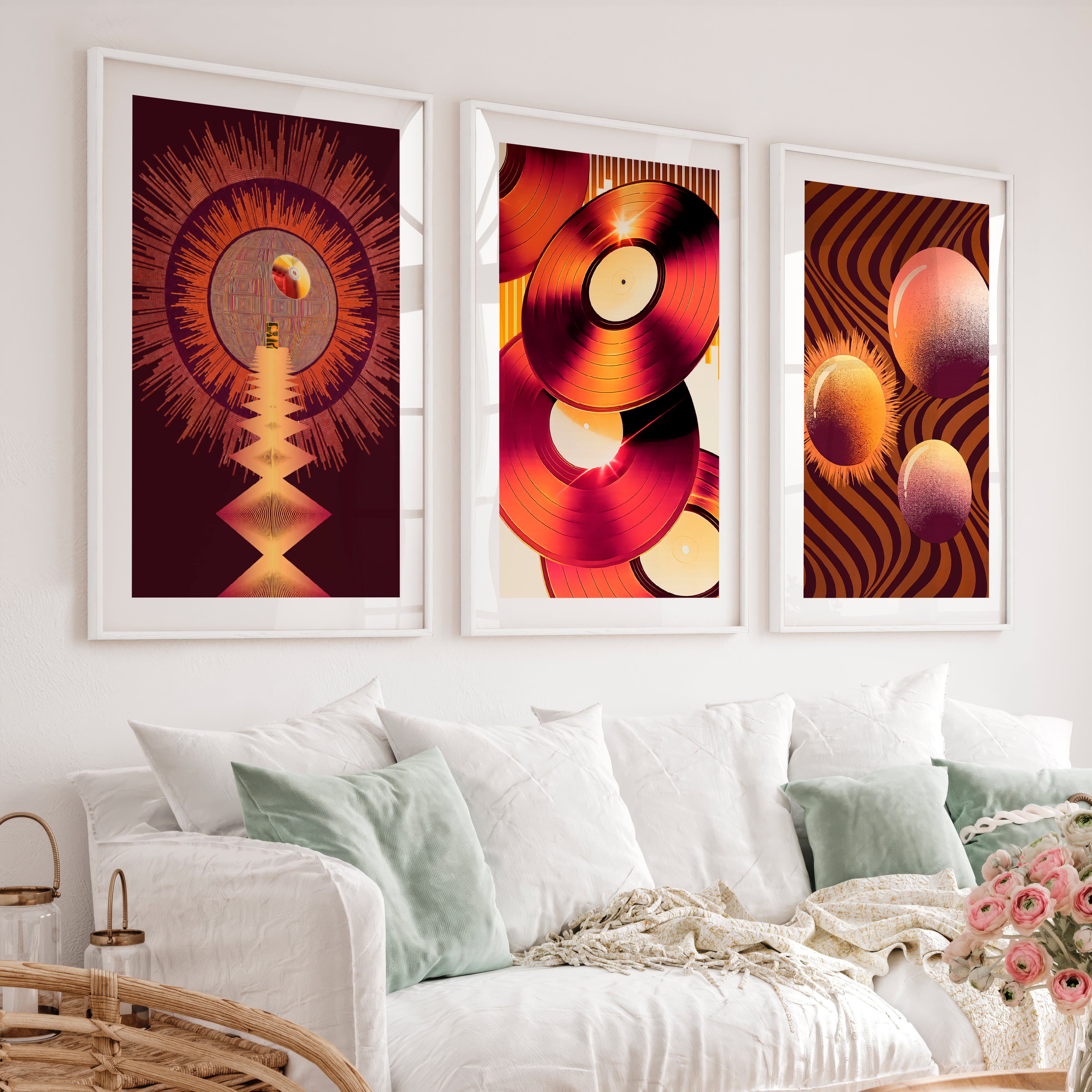 Vinyl Records retro wall art in Amber Tones - White Framed Poster with White Border - Artworksets