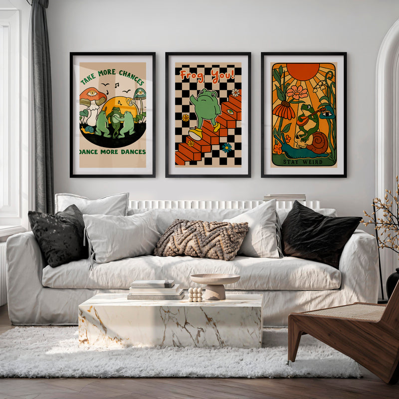 Retro Wall Decor Frog Garden Posters - Black Framed Poster with White Border - Artworksets