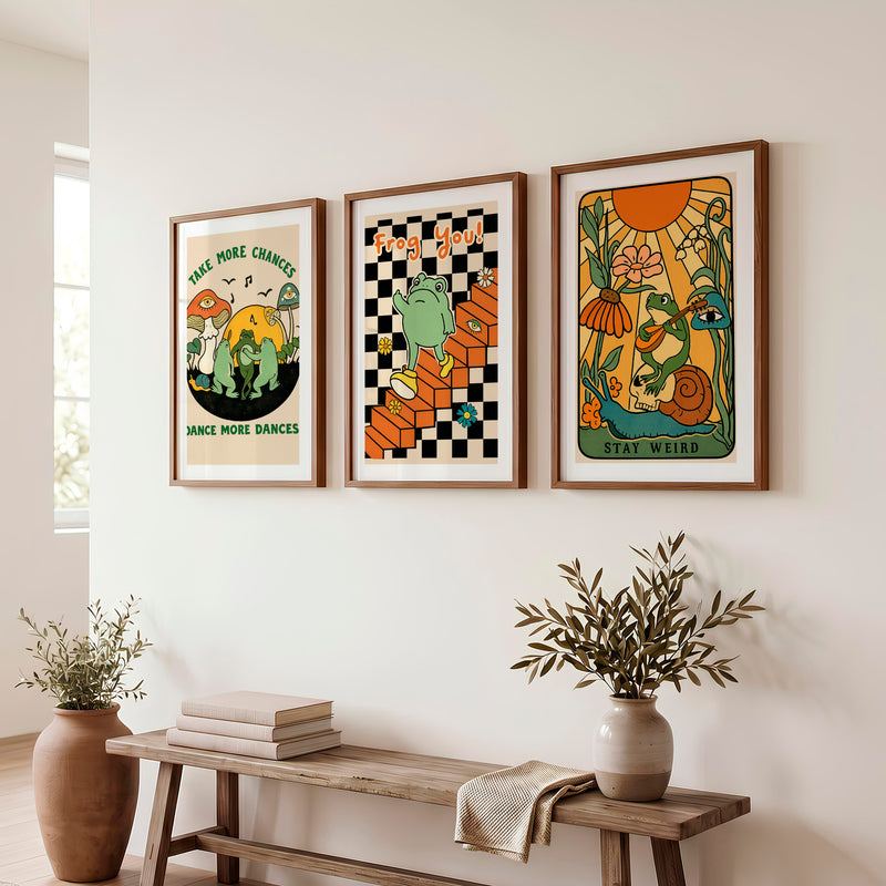 Retro Wall Decor Frog Garden Posters - Dark Brown Framed Poster with White Border - Artworksets