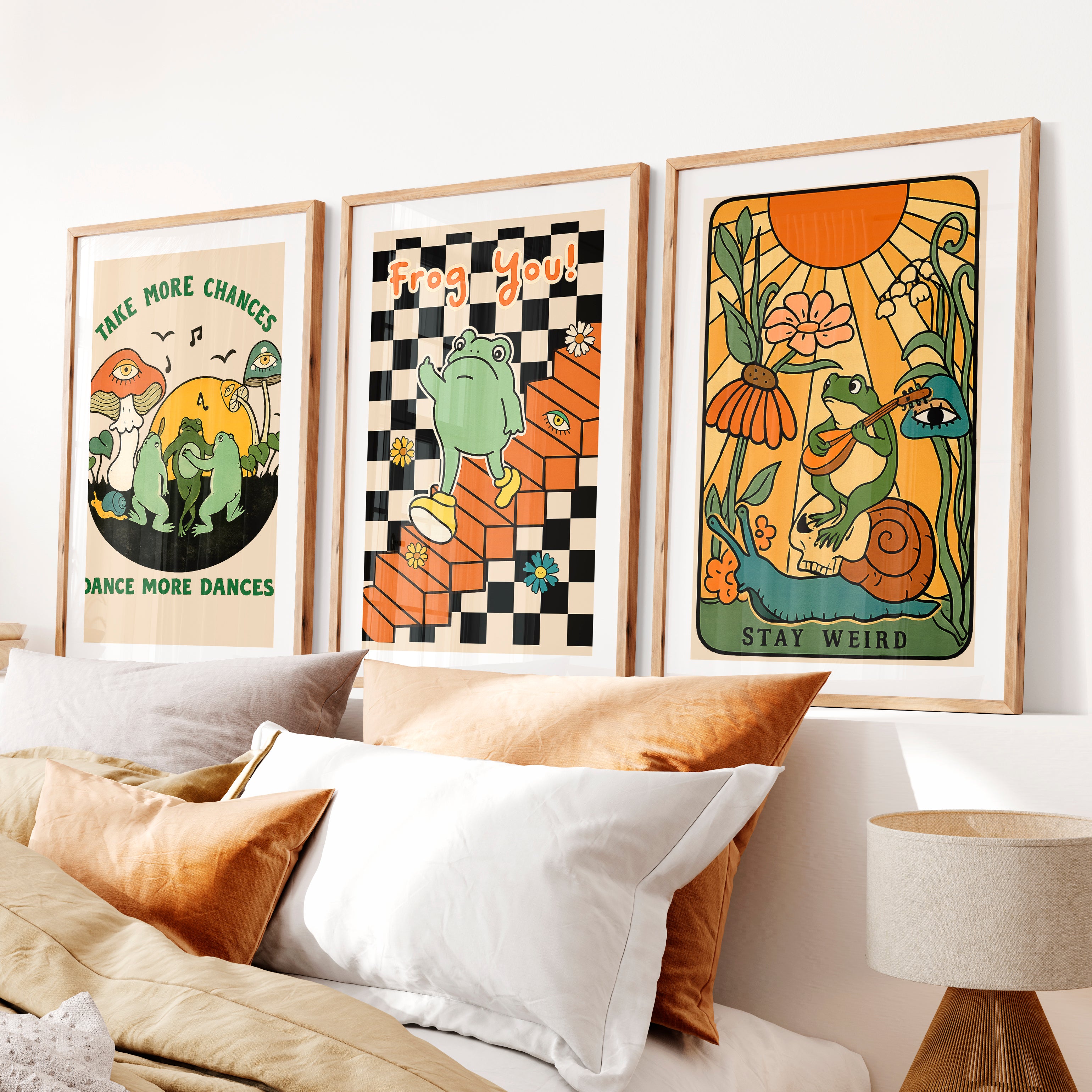 Retro Wall Decor Frog Garden Posters- Natural Wood Framed Poster with White Border - Artworksets