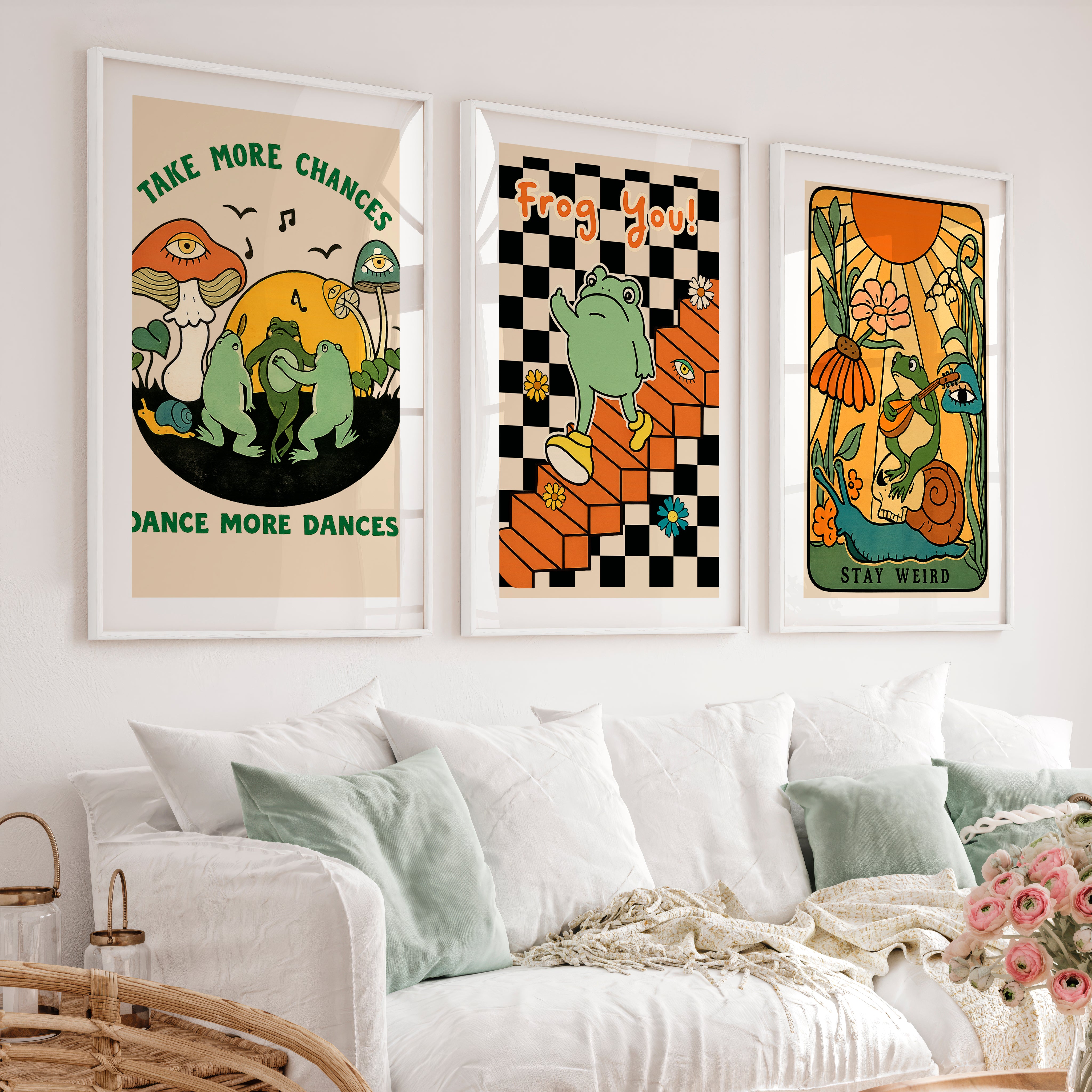 Retro Wall Decor Frog Garden Posters - White Framed Poster with White Border - Artworksets