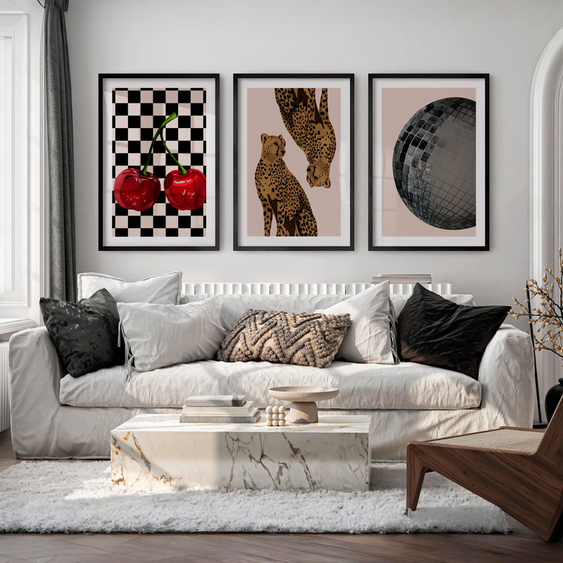 Cheetah Disco Collage retro wall decor ideas - Black Framed Poster with White Border - Artworksets