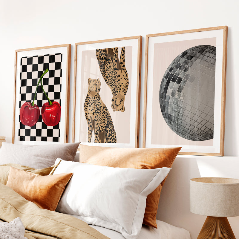 Cheetah Disco Collage retro wall decor ideas- Natural Wood Framed Poster with White Border - Artworksets