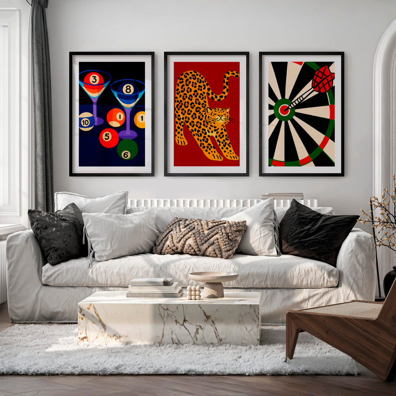 Leopard and Dartboard Retro Wall Decor Ideas Print - Black Framed Poster with White Border - Artworksets