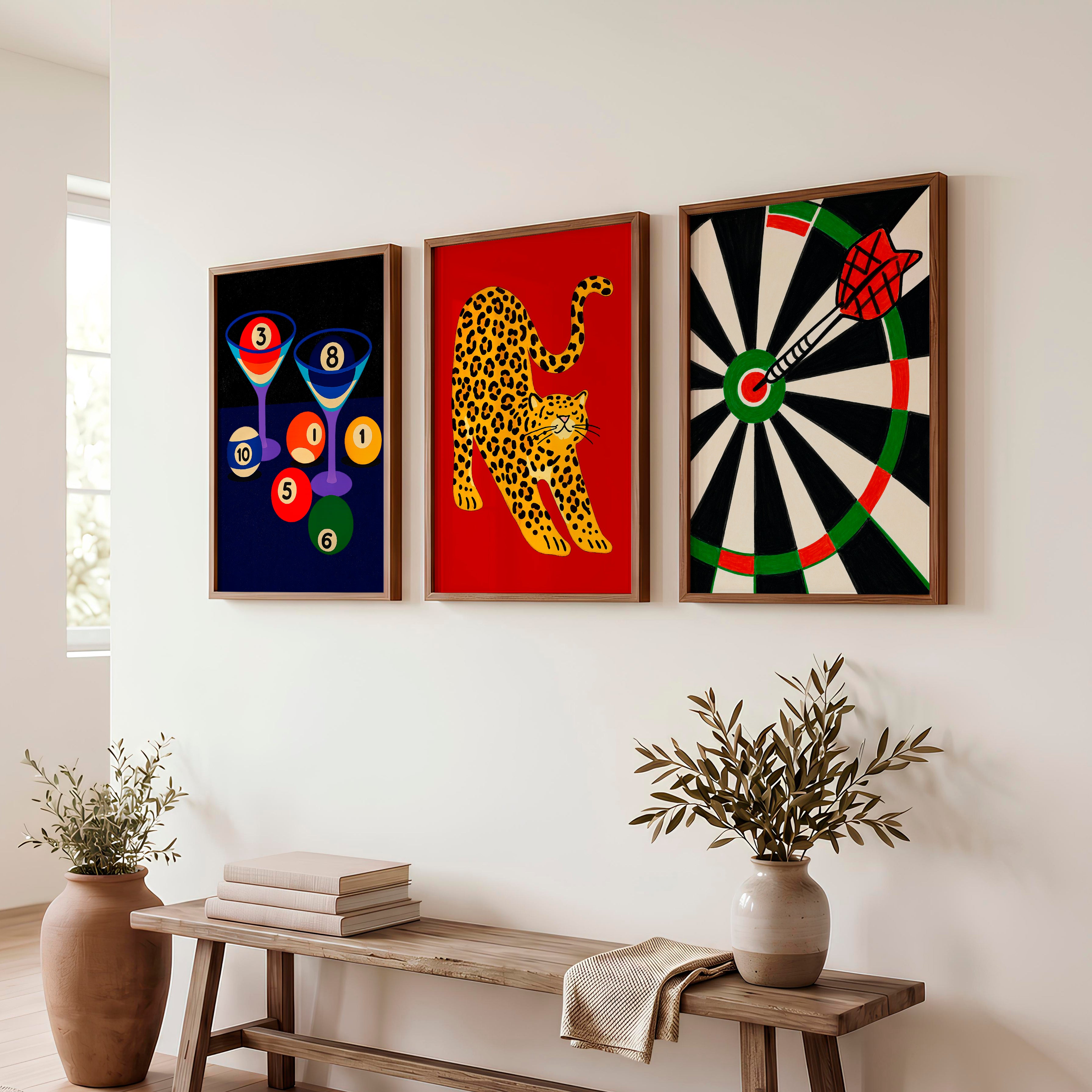 Leopard and Dartboard Retro Wall Decor Ideas Print - Dark Brown Framed Poster No Border - Artworksets