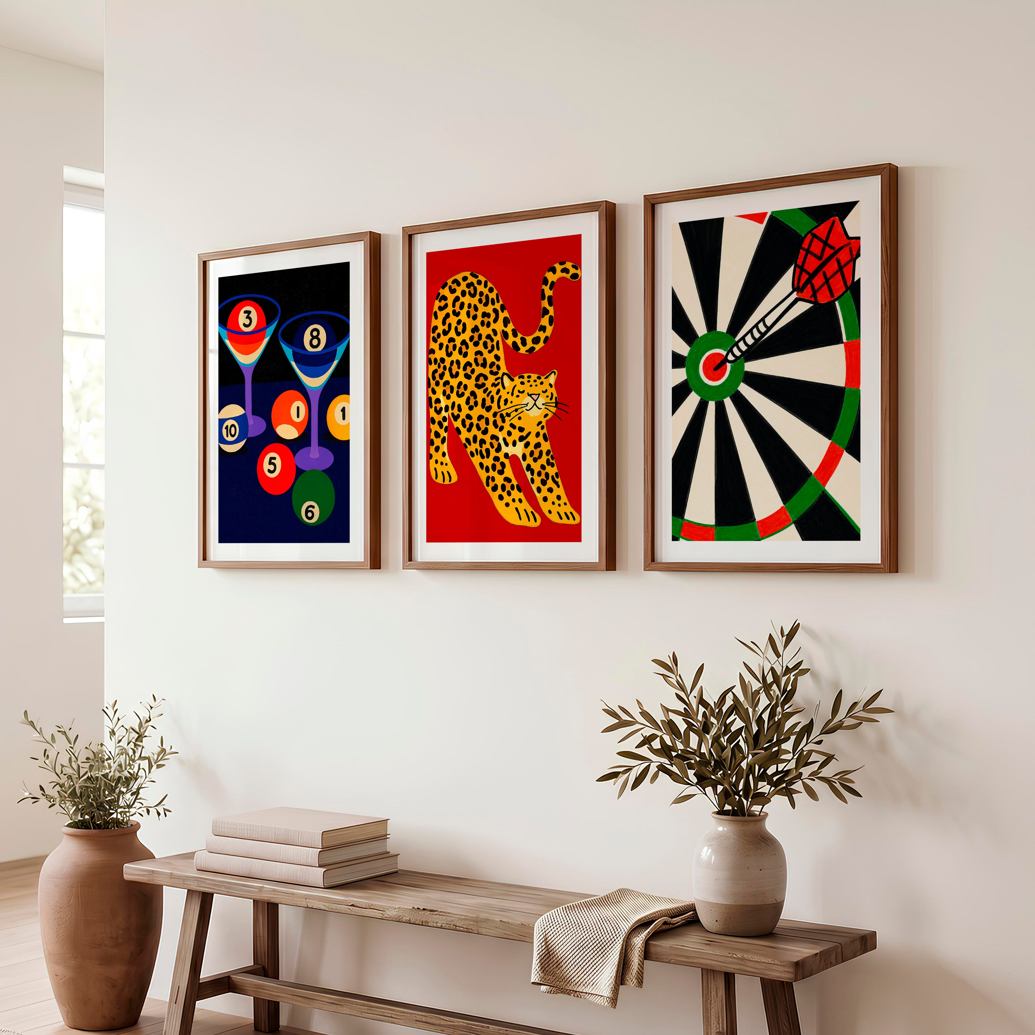 Leopard and Dartboard Retro Wall Decor Ideas Print - Dark Brown Framed Poster with White Border - Artworksets