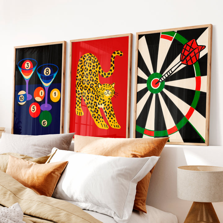 Leopard and Dartboard Retro Wall Decor Ideas Print - Natural Wood Framed Poster No Border - Artworksets
