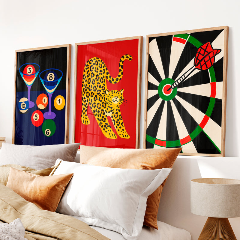 Leopard and Dartboard Retro Wall Decor Ideas Print - Natural Wood Framed Poster No Border - Artworksets