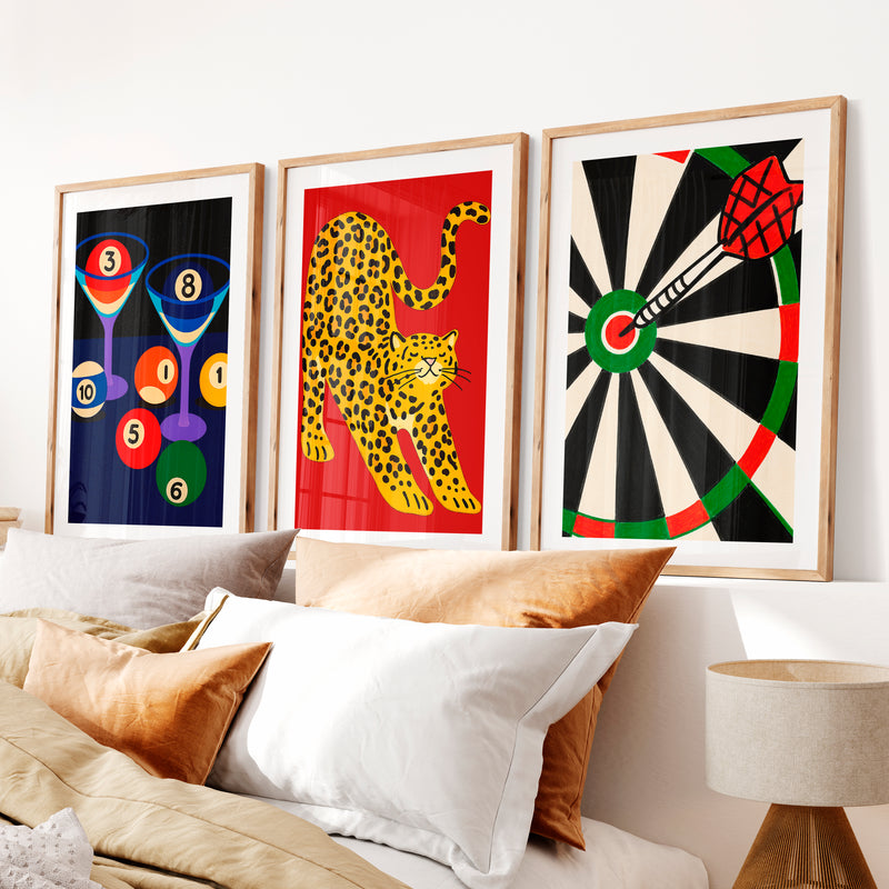 Leopard and Dartboard Retro Wall Decor Ideas Print- Natural Wood Framed Poster with White Border - Artworksets