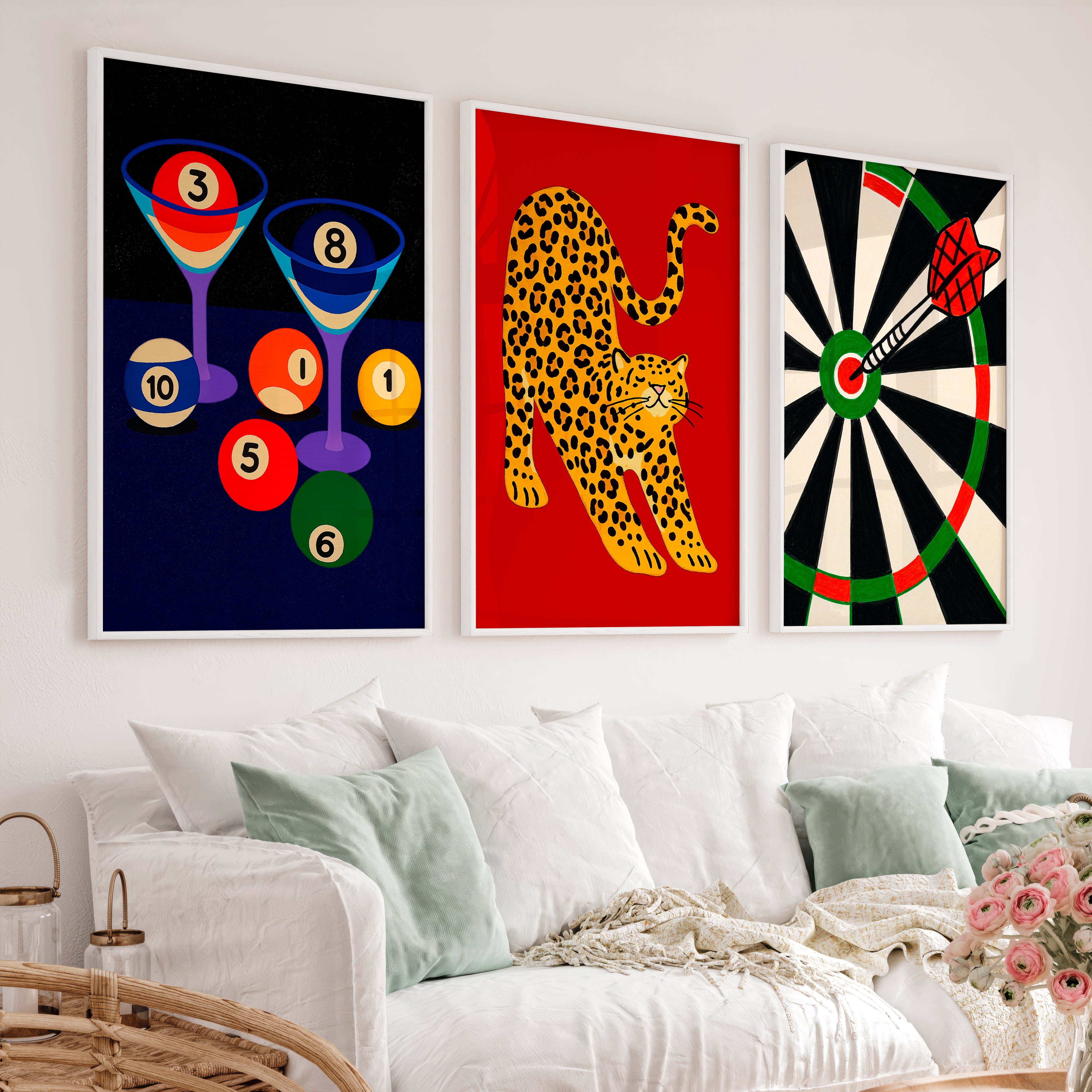 Leopard and Dartboard Retro Wall Decor Ideas Print - White Framed Poster No Border - Artworksets
