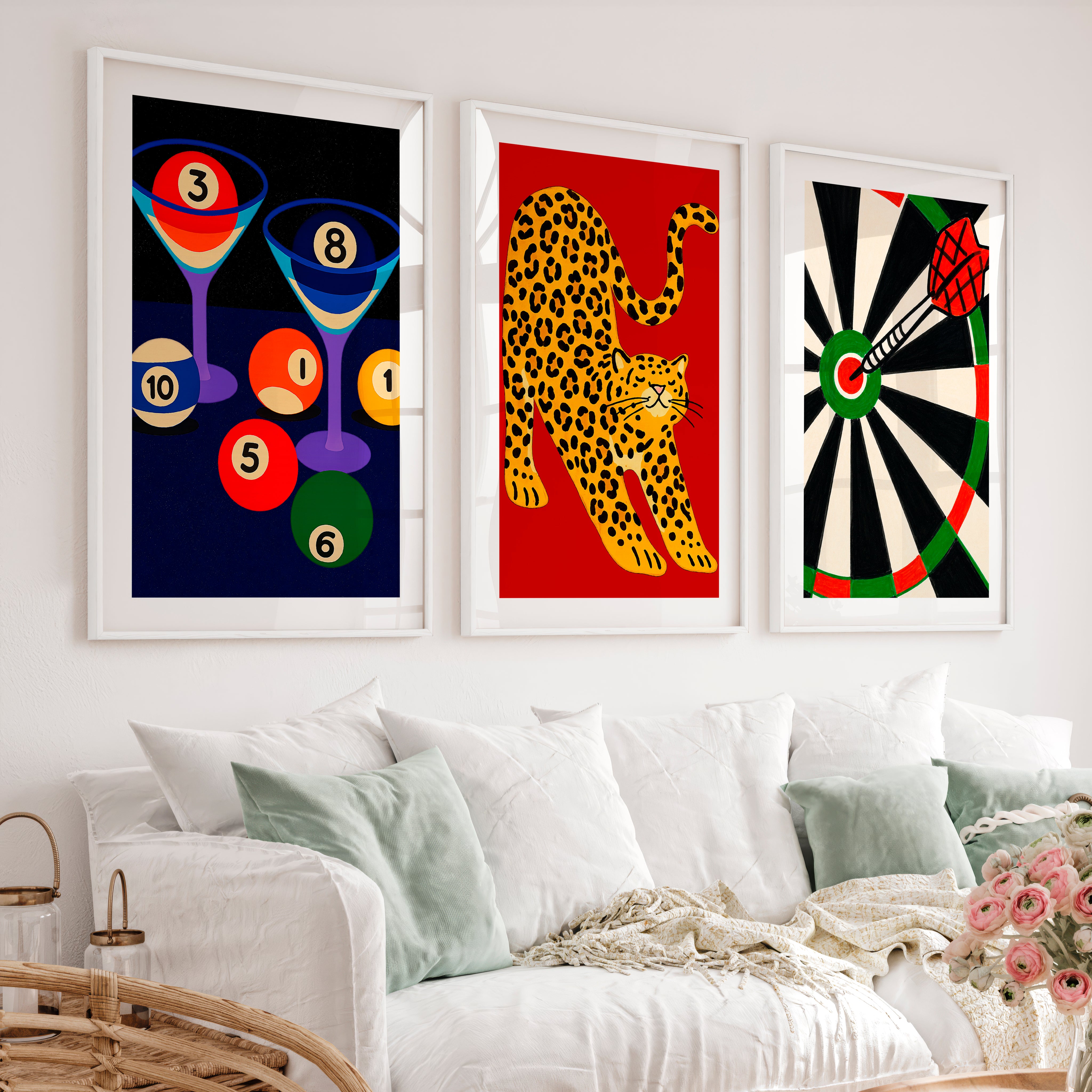 Leopard and Dartboard Retro Wall Decor Ideas Print - White Framed Poster with White Border - Artworksets