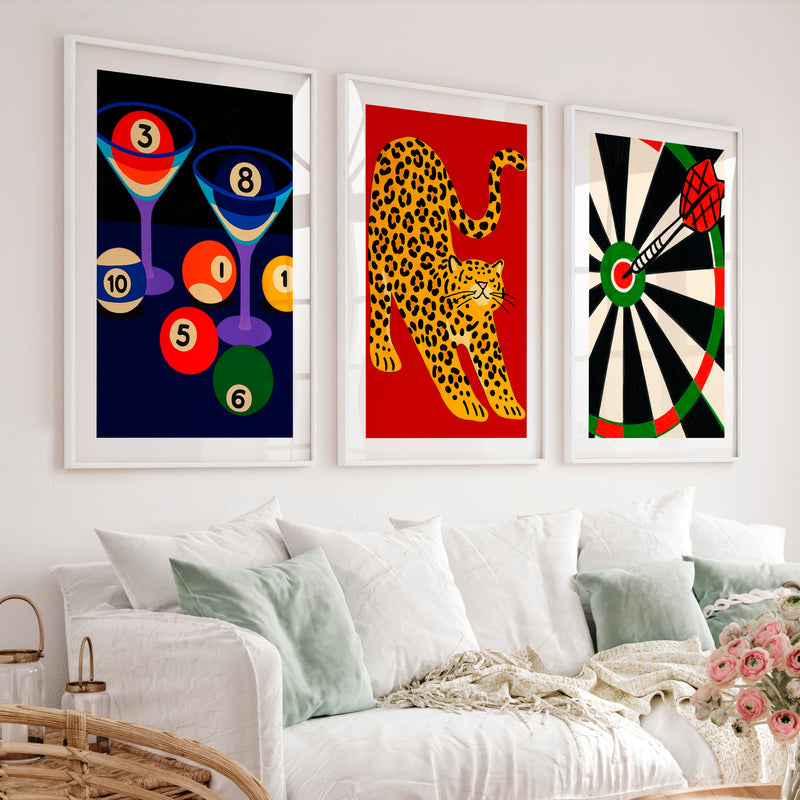 Leopard and Dartboard Retro Wall Decor Ideas Print - White Framed Poster with White Border - Artworksets