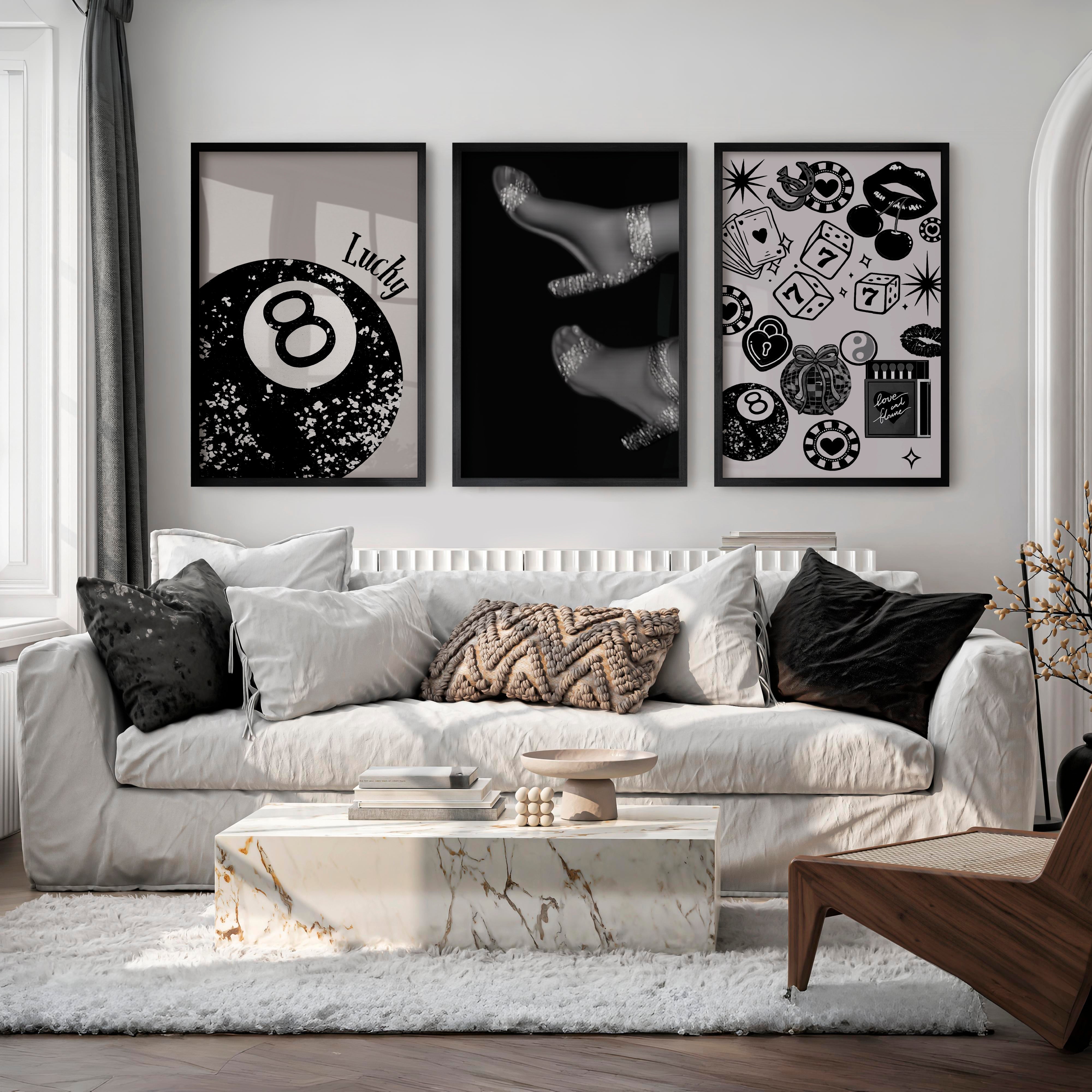 Retro Wall Decor with Lucky 8 Ball and Casino Icons - Black Framed Poster No Border - Artworksets