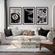 Retro Wall Decor with Lucky 8 Ball and Casino Icons - Black Framed Poster with White Border - Artworksets