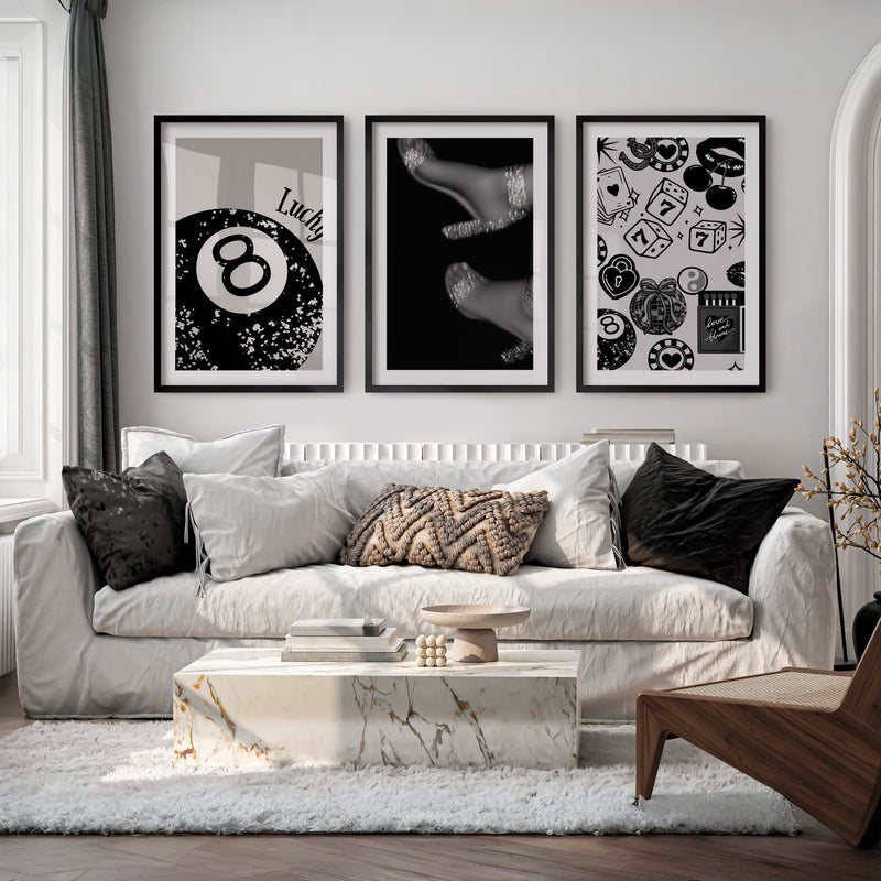 Retro Wall Decor with Lucky 8 Ball and Casino Icons - Black Framed Poster with White Border - Artworksets