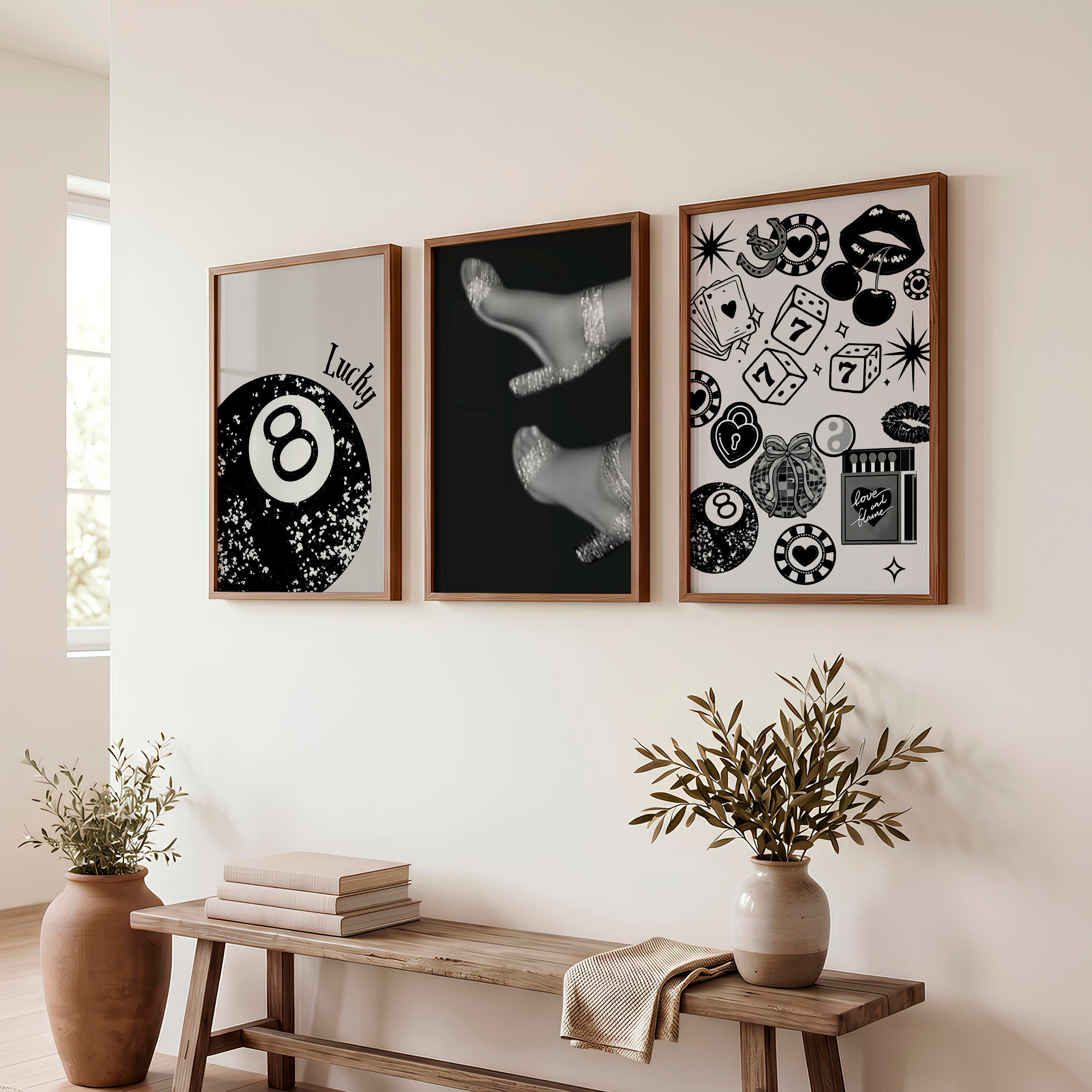 Retro Wall Decor with Lucky 8 Ball and Casino Icons - Dark Brown Framed Poster No Border - Artworksets