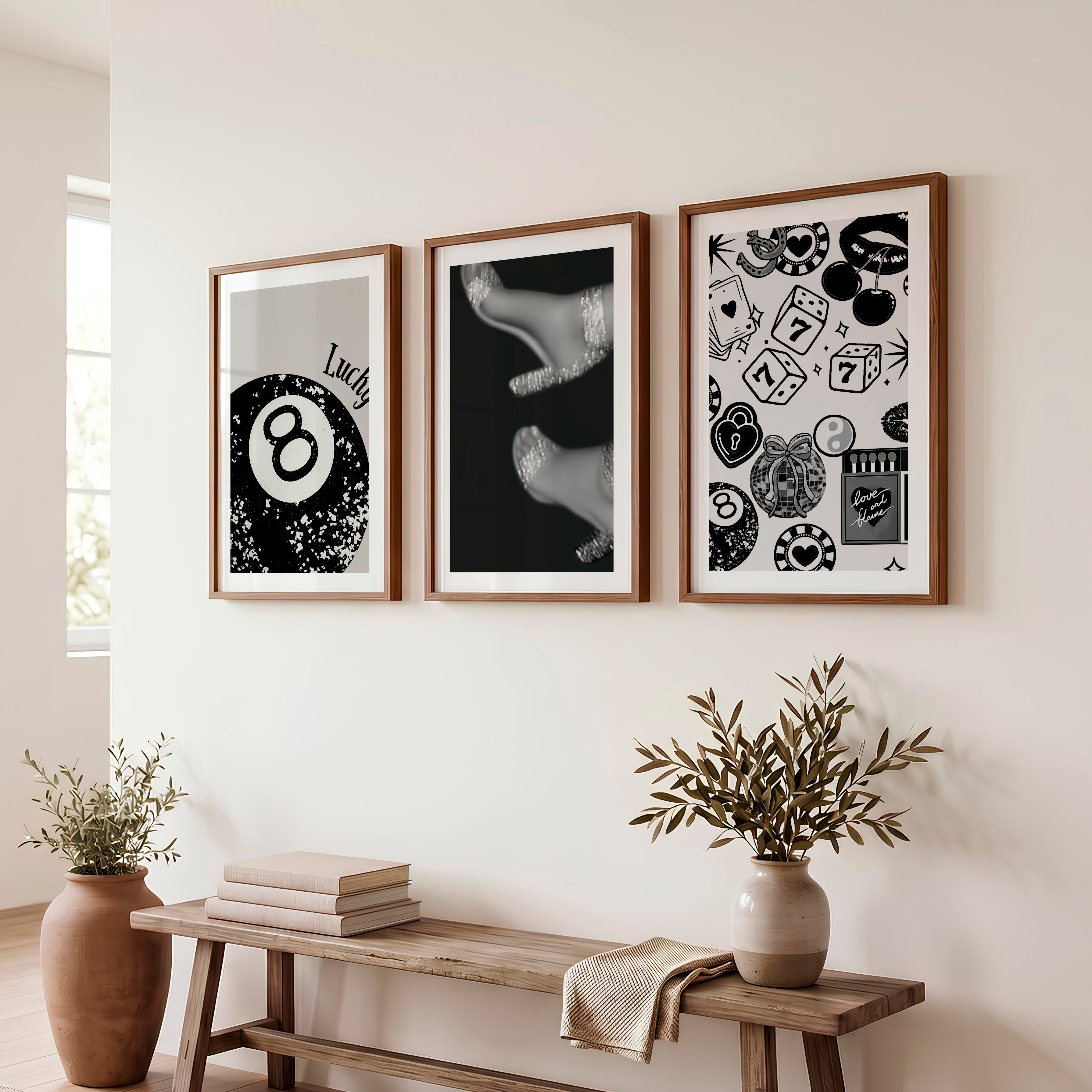 Retro Wall Decor with Lucky 8 Ball and Casino Icons - Dark Brown Framed Poster with White Border - Artworksets