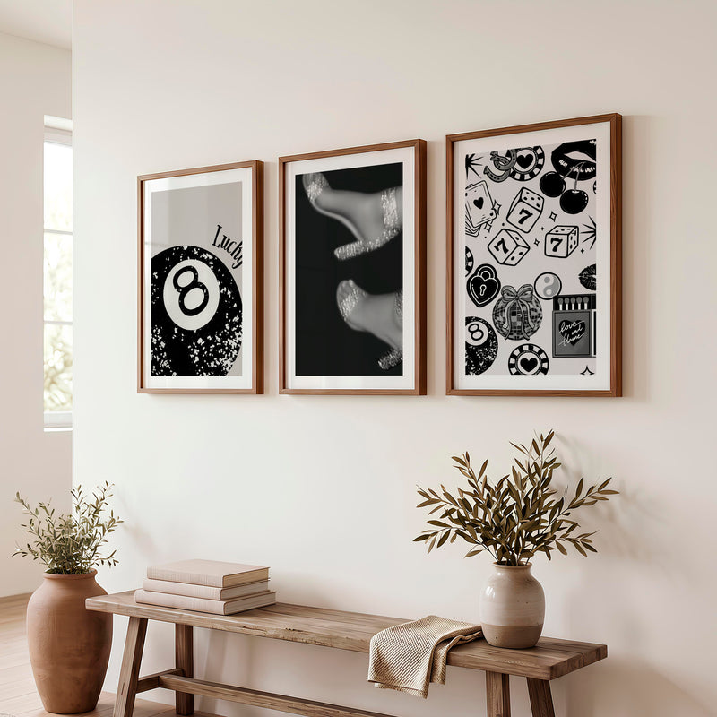 Retro Wall Decor with Lucky 8 Ball and Casino Icons - Dark Brown Framed Poster with White Border - Artworksets