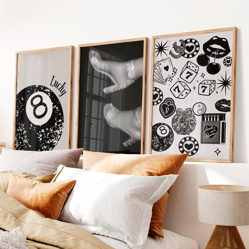 Retro Wall Decor with Lucky 8 Ball and Casino Icons - Natural Wood Framed Poster No Border - Artworksets