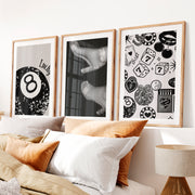 Retro Wall Decor with Lucky 8 Ball and Casino Icons- Natural Wood Framed Poster with White Border - Artworksets