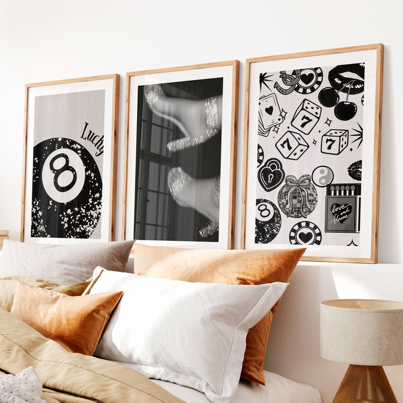 Retro Wall Decor with Lucky 8 Ball and Casino Icons- Natural Wood Framed Poster with White Border - Artworksets