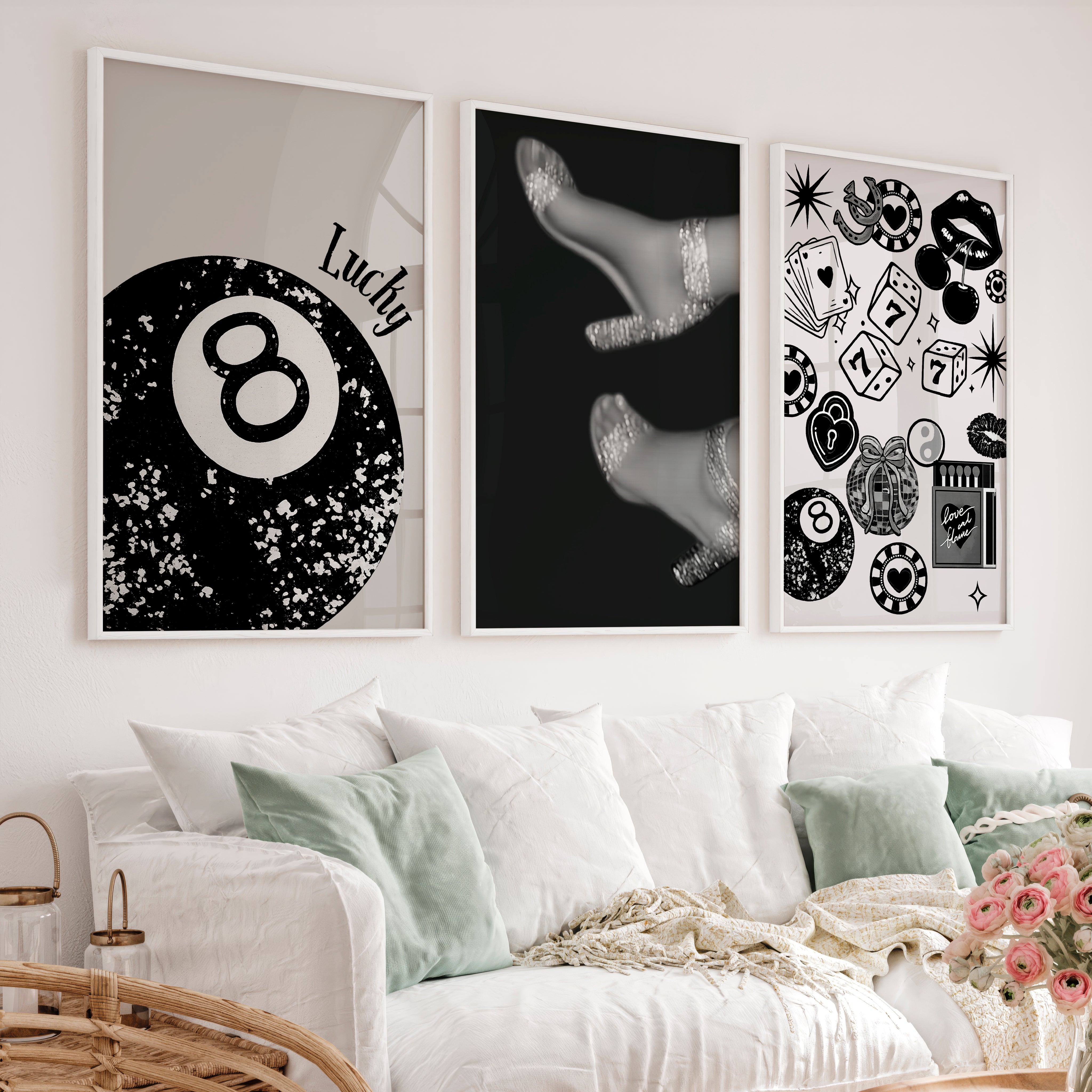Retro Wall Decor with Lucky 8 Ball and Casino Icons - White Framed Poster No Border - Artworksets