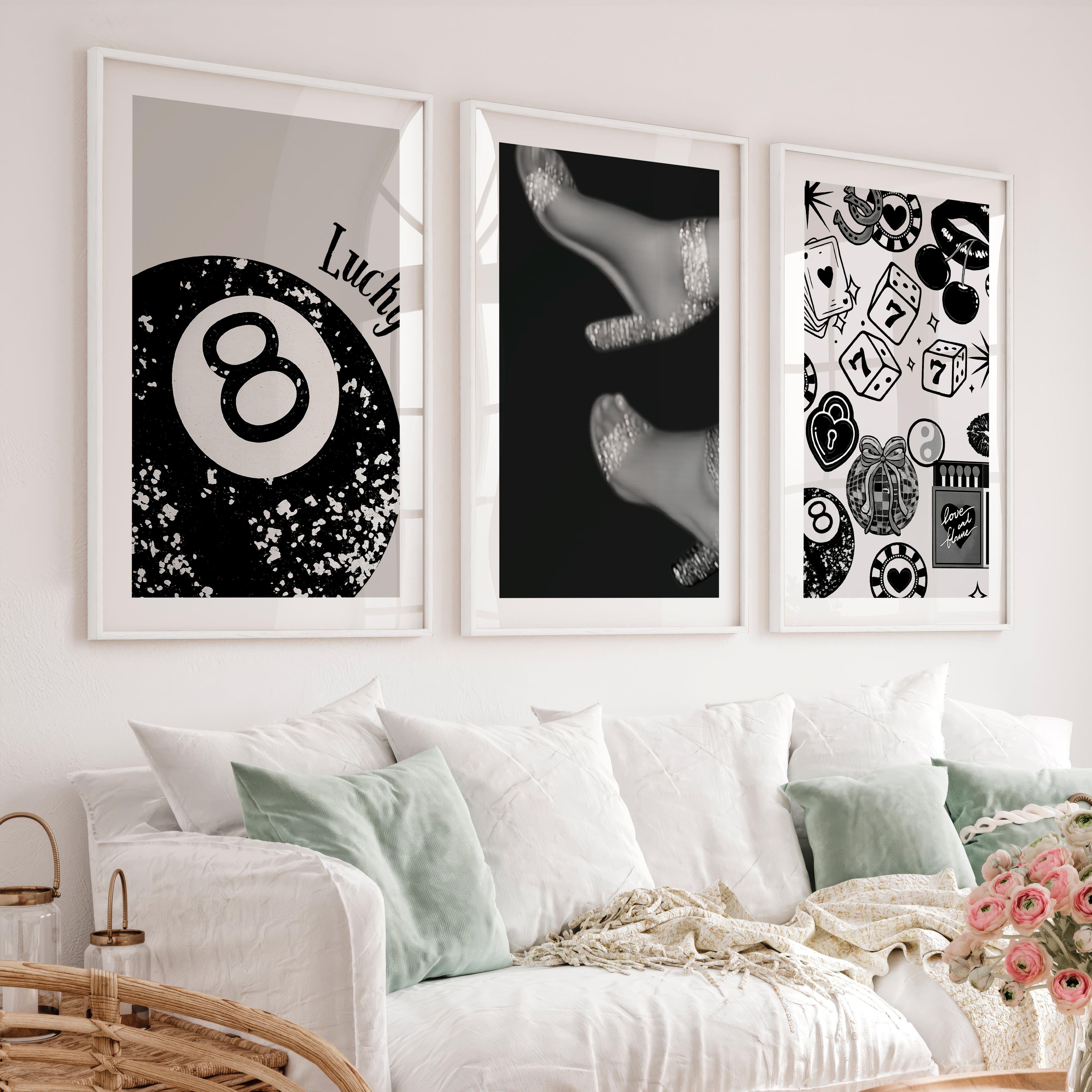 Retro Wall Decor with Lucky 8 Ball and Casino Icons - White Framed Poster with White Border - Artworksets