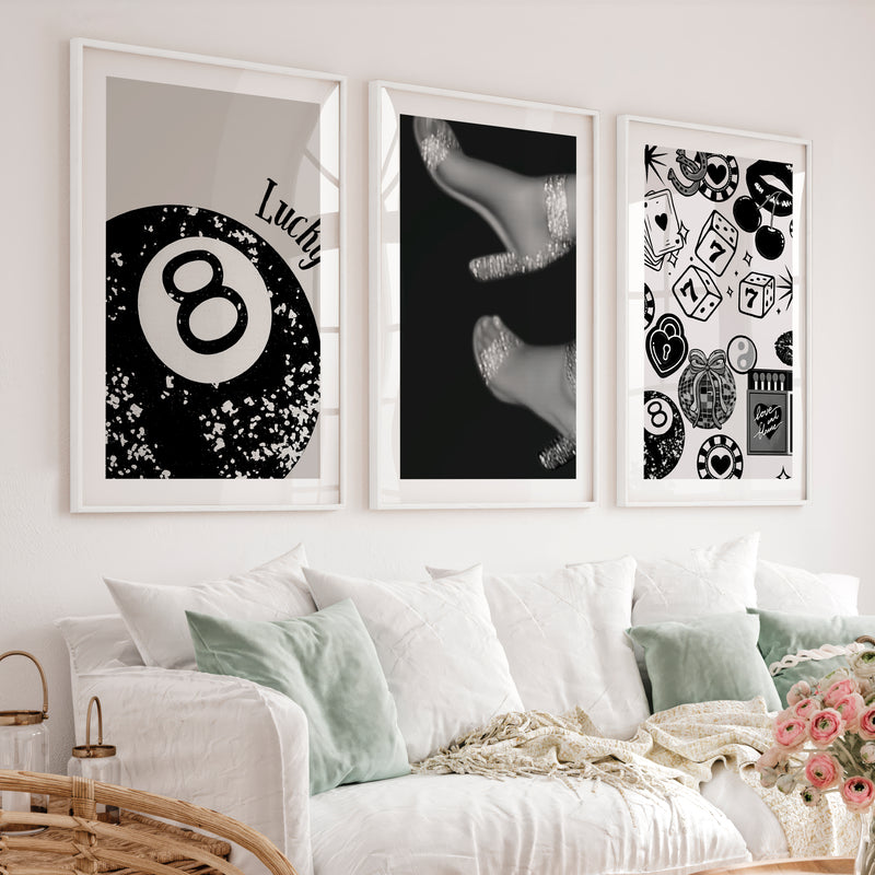 Retro Wall Decor with Lucky 8 Ball and Casino Icons - White Framed Poster with White Border - Artworksets
