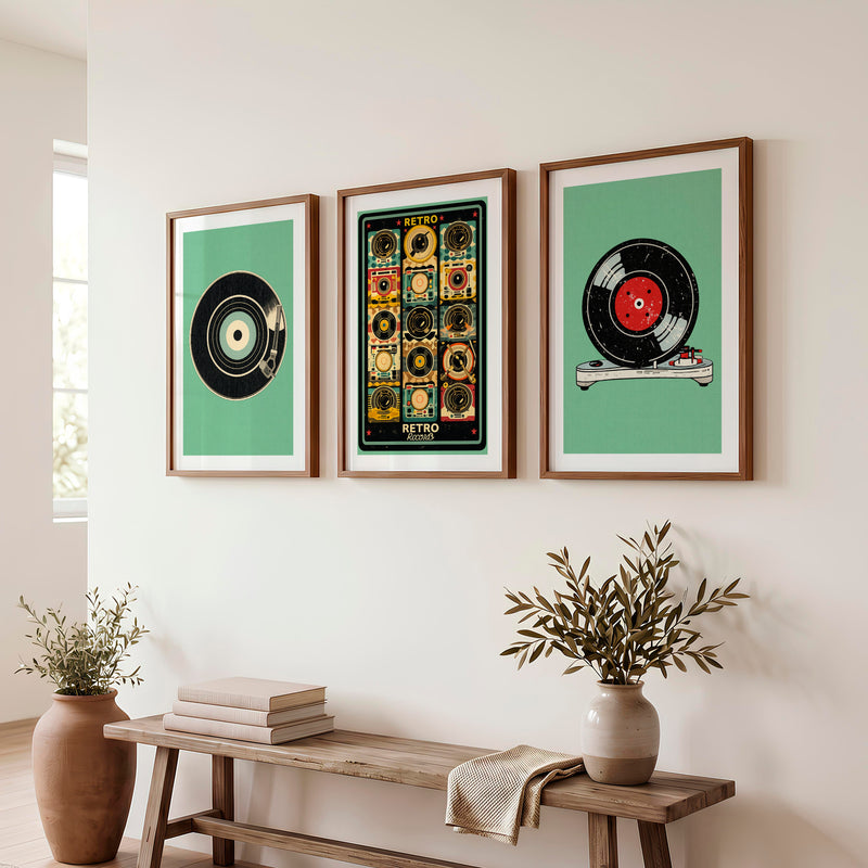 Record Player retro wall decor - Dark Brown Framed Poster with White Border - Artworksets