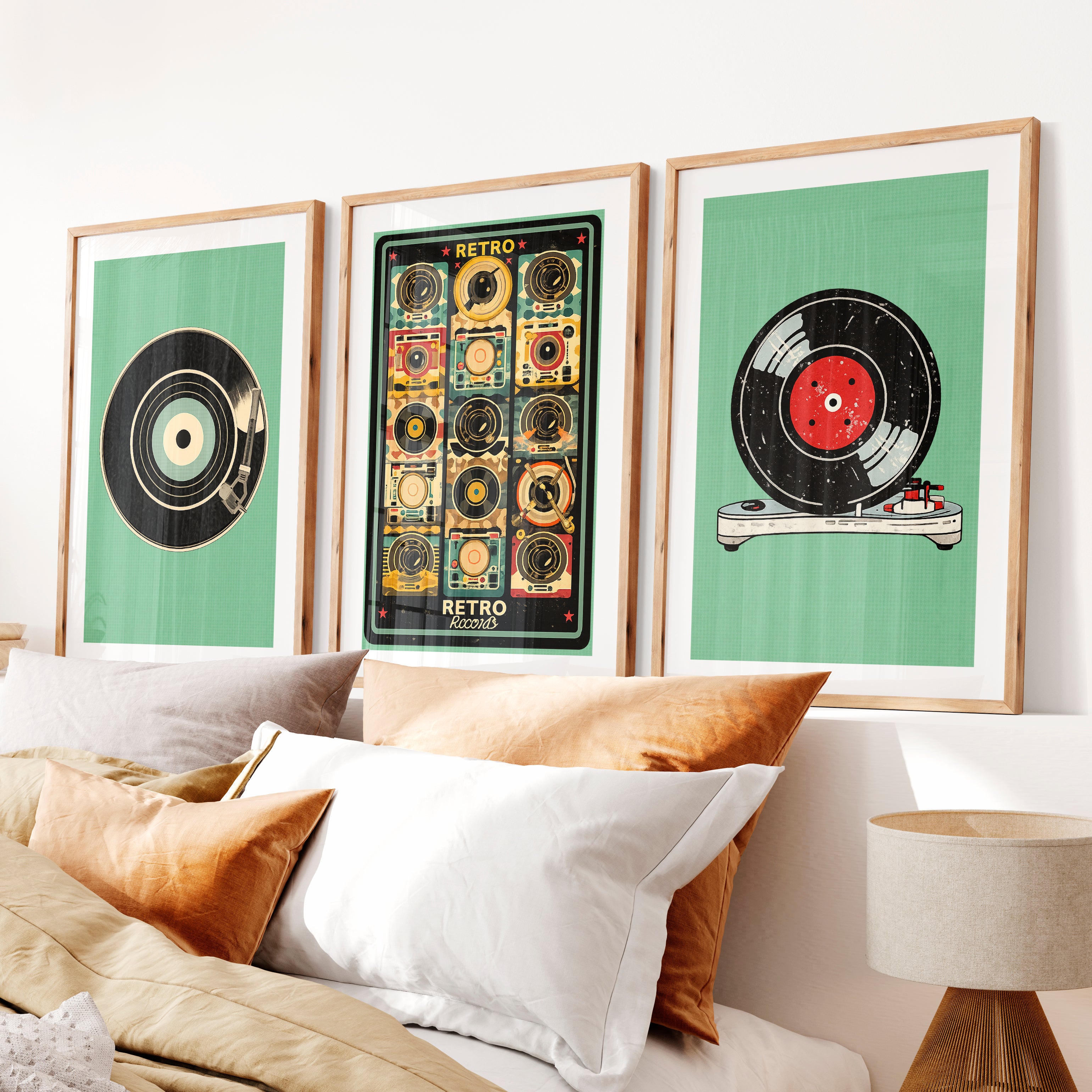Record Player retro wall decor- Natural Wood Framed Poster with White Border - Artworksets