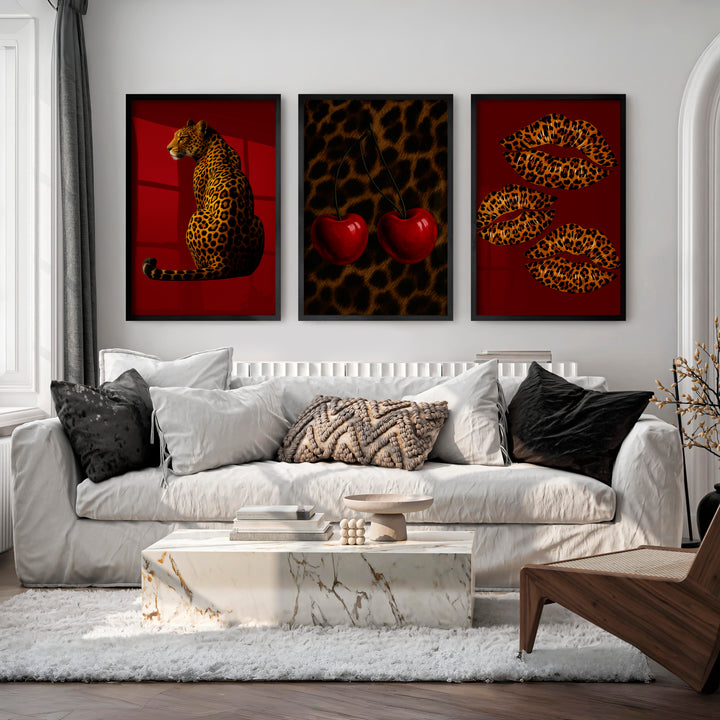 Leopard Cherry retro wall - Black Framed Poster No Border - Artworksets