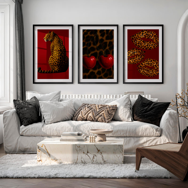 Leopard Cherry retro wall - Black Framed Poster with White Border - Artworksets