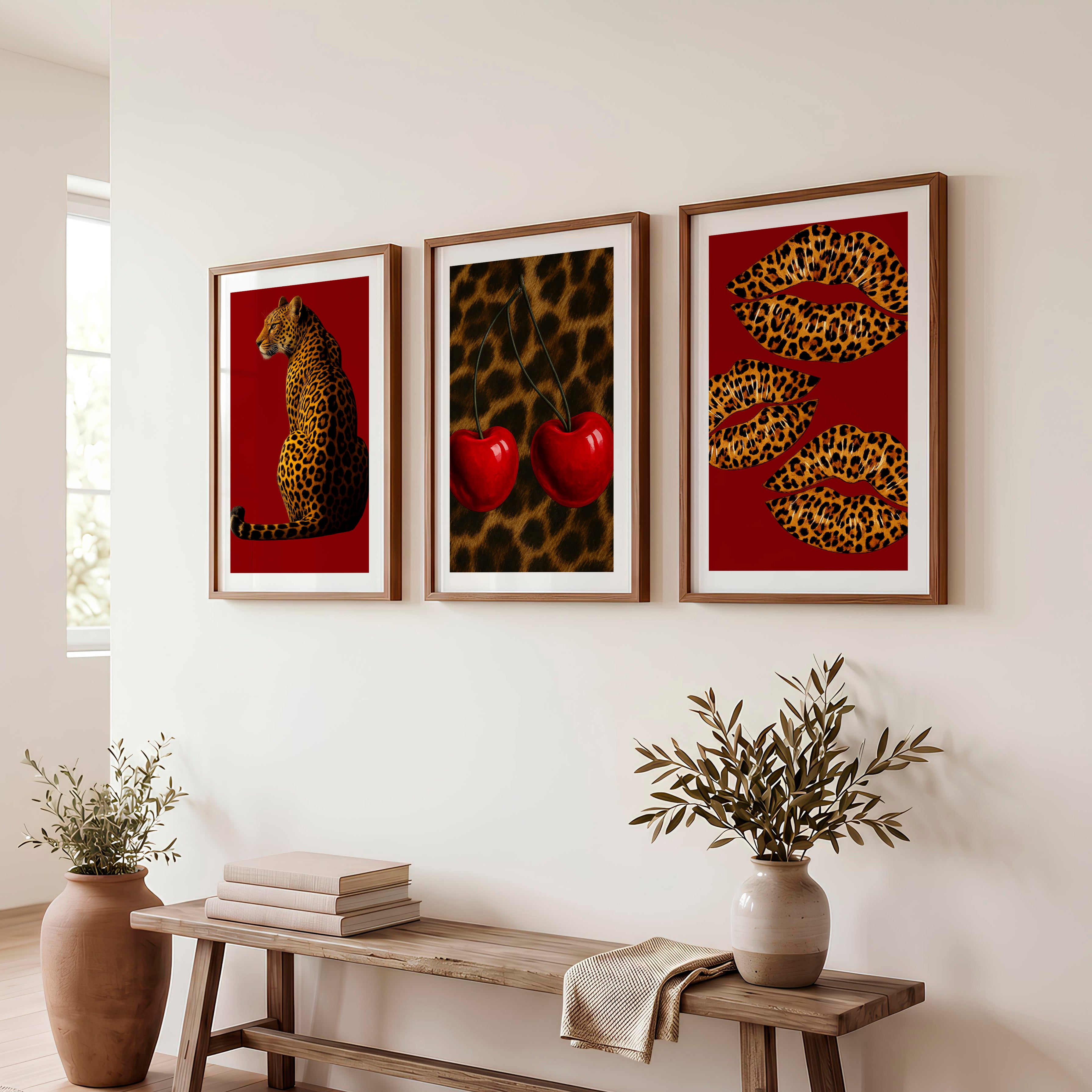 Leopard Cherry retro wall - Dark Brown Framed Poster with White Border - Artworksets