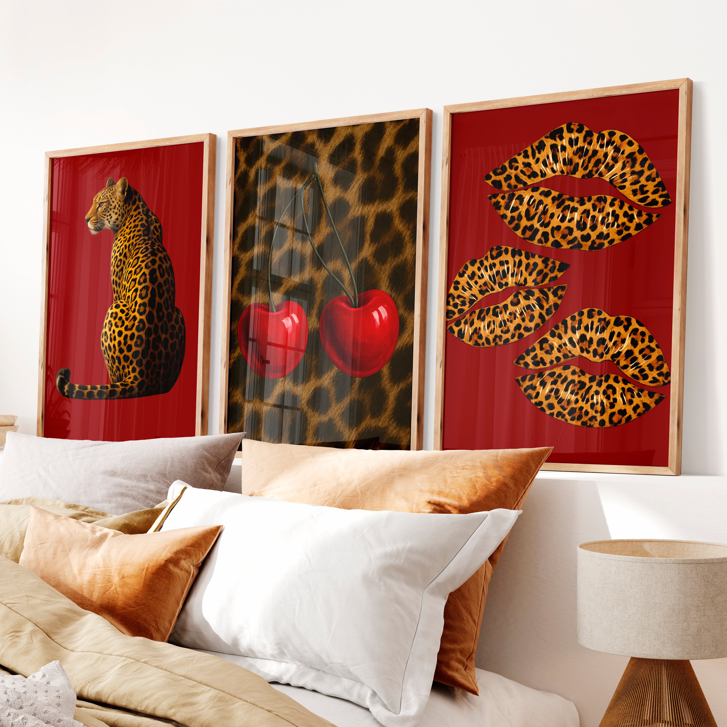 Leopard Cherry retro wall - Natural Wood Framed Poster No Border - Artworksets