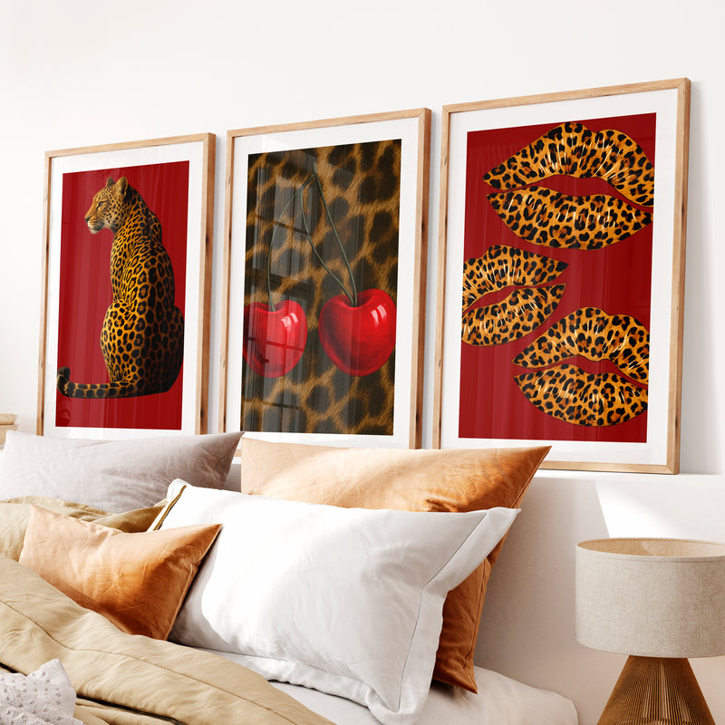 Leopard Cherry retro wall- Natural Wood Framed Poster with White Border - Artworksets
