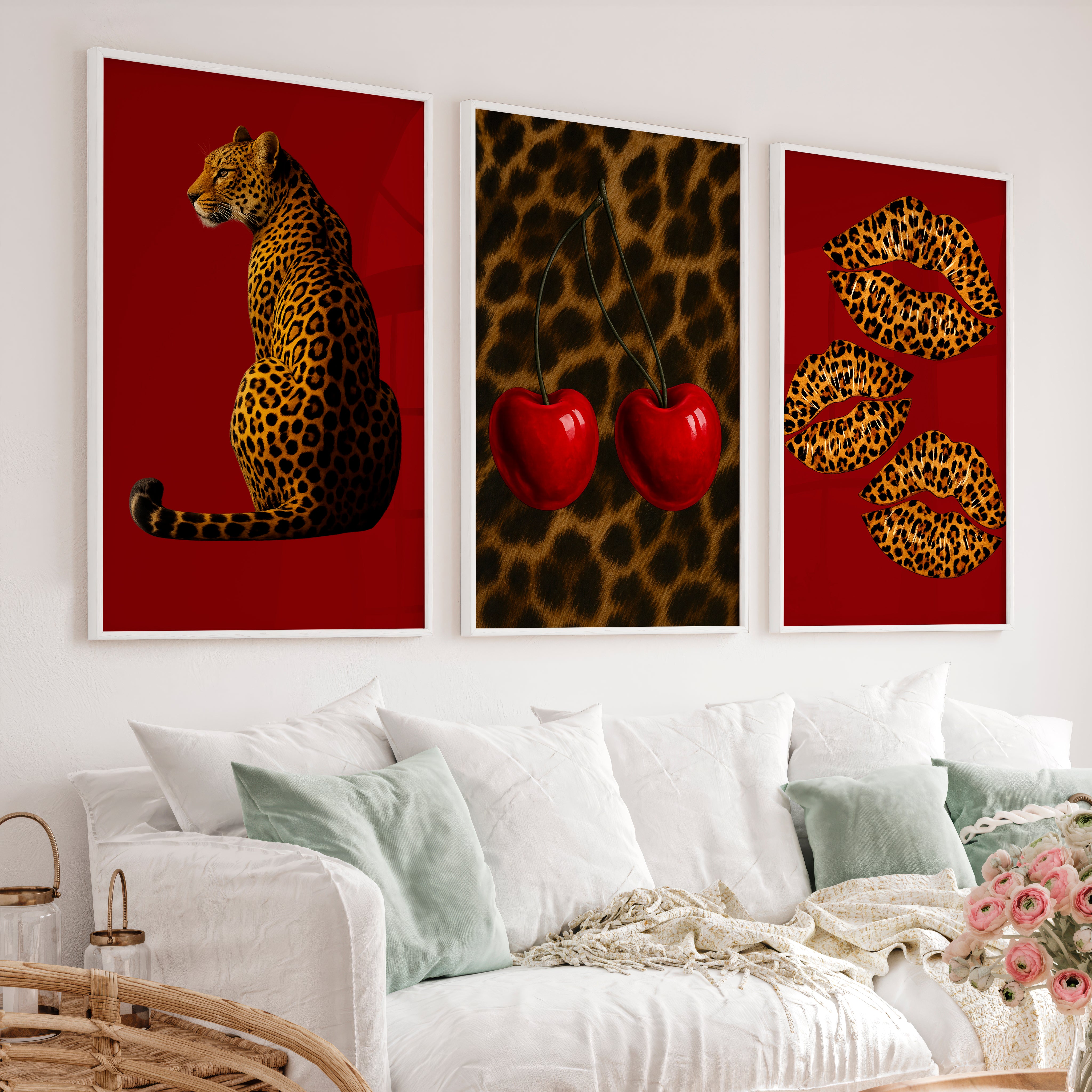 Leopard Cherry retro wall - White Framed Poster No Border - Artworksets
