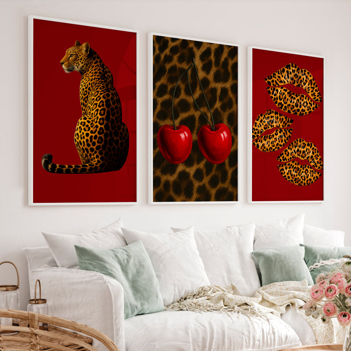 Leopard Cherry retro wall - White Framed Poster No Border - Artworksets