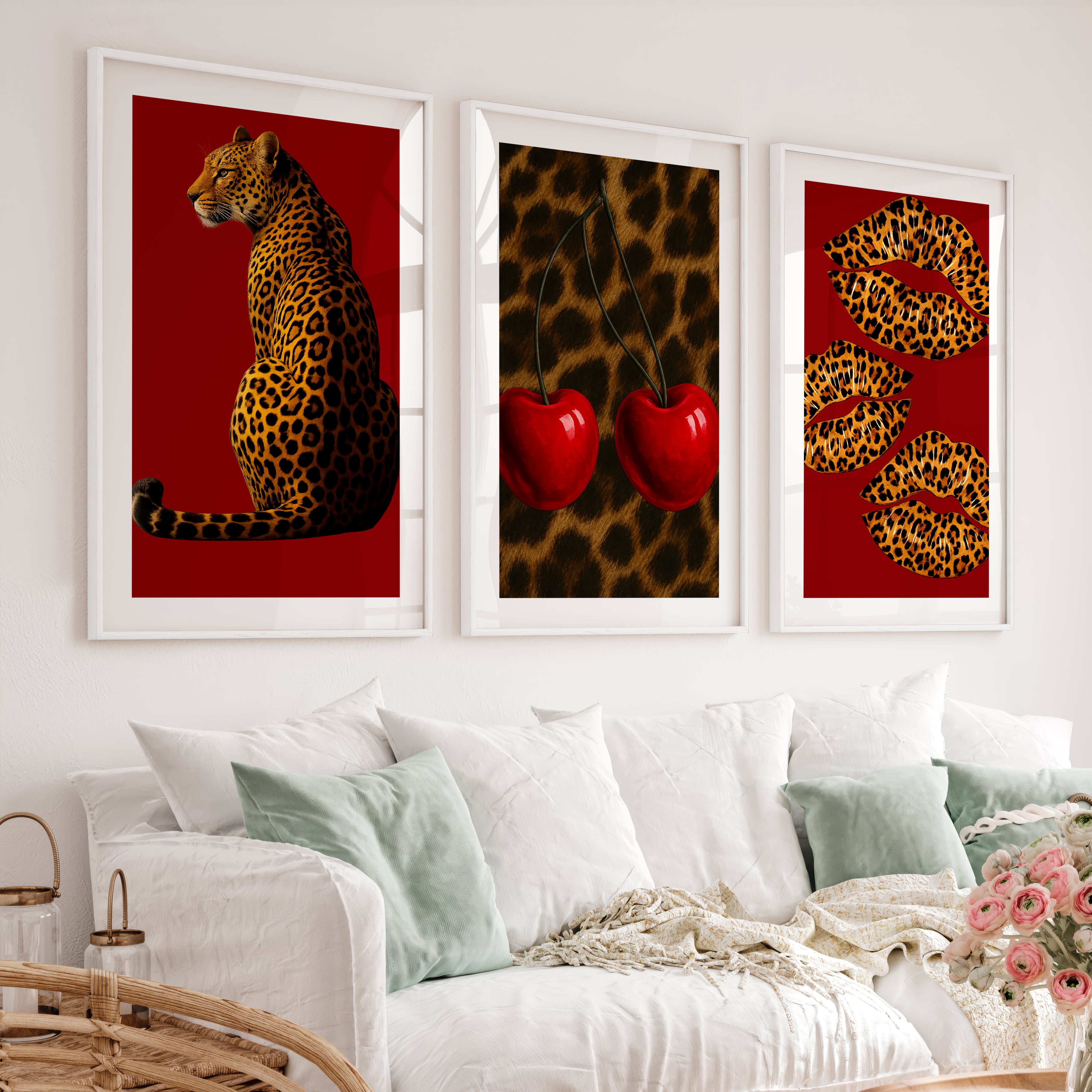 Leopard Cherry retro wall - White Framed Poster with White Border - Artworksets