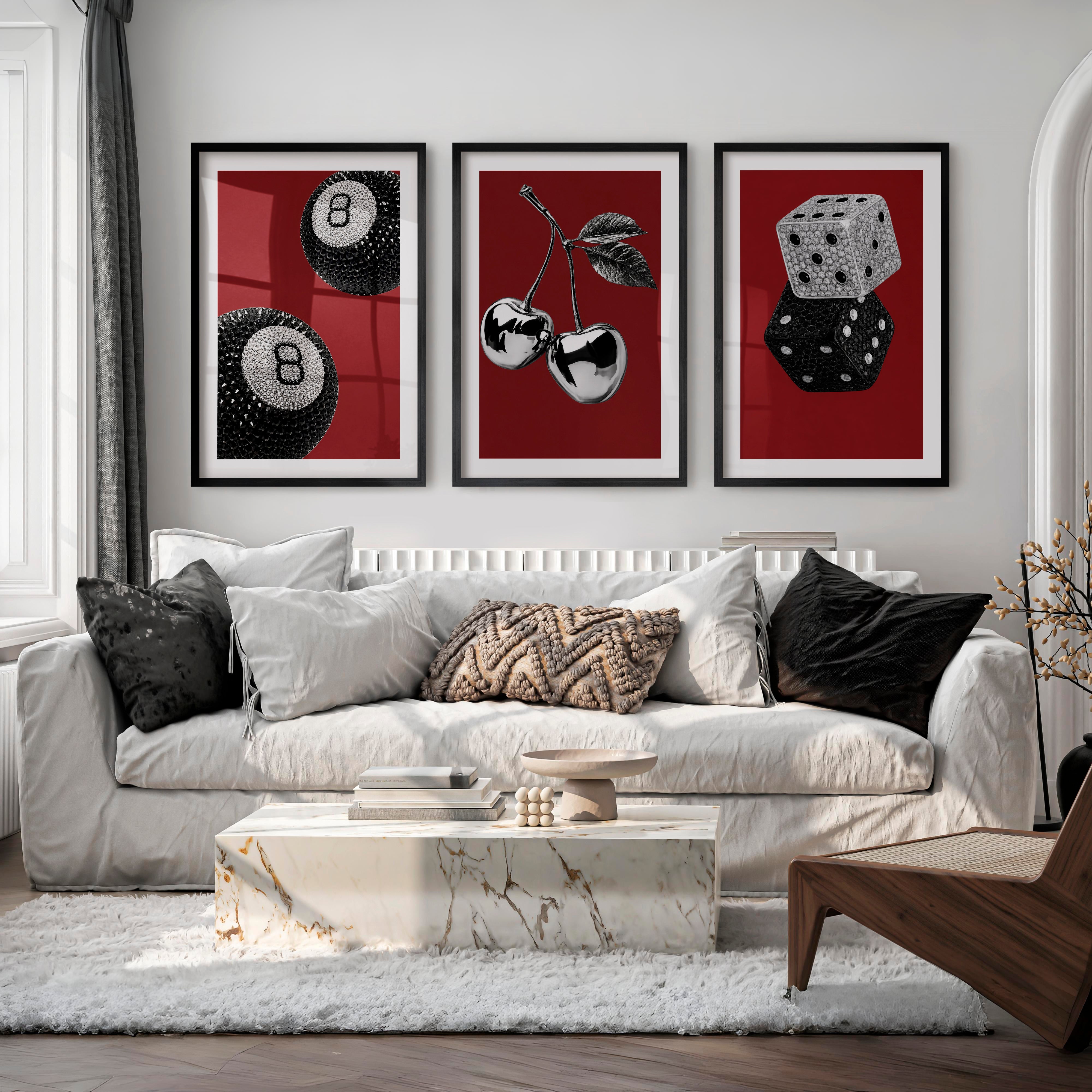 Retro Wall Art with Lucky 8 Ball and Crystal Dice - Black Framed Poster with White Border - Artworksets