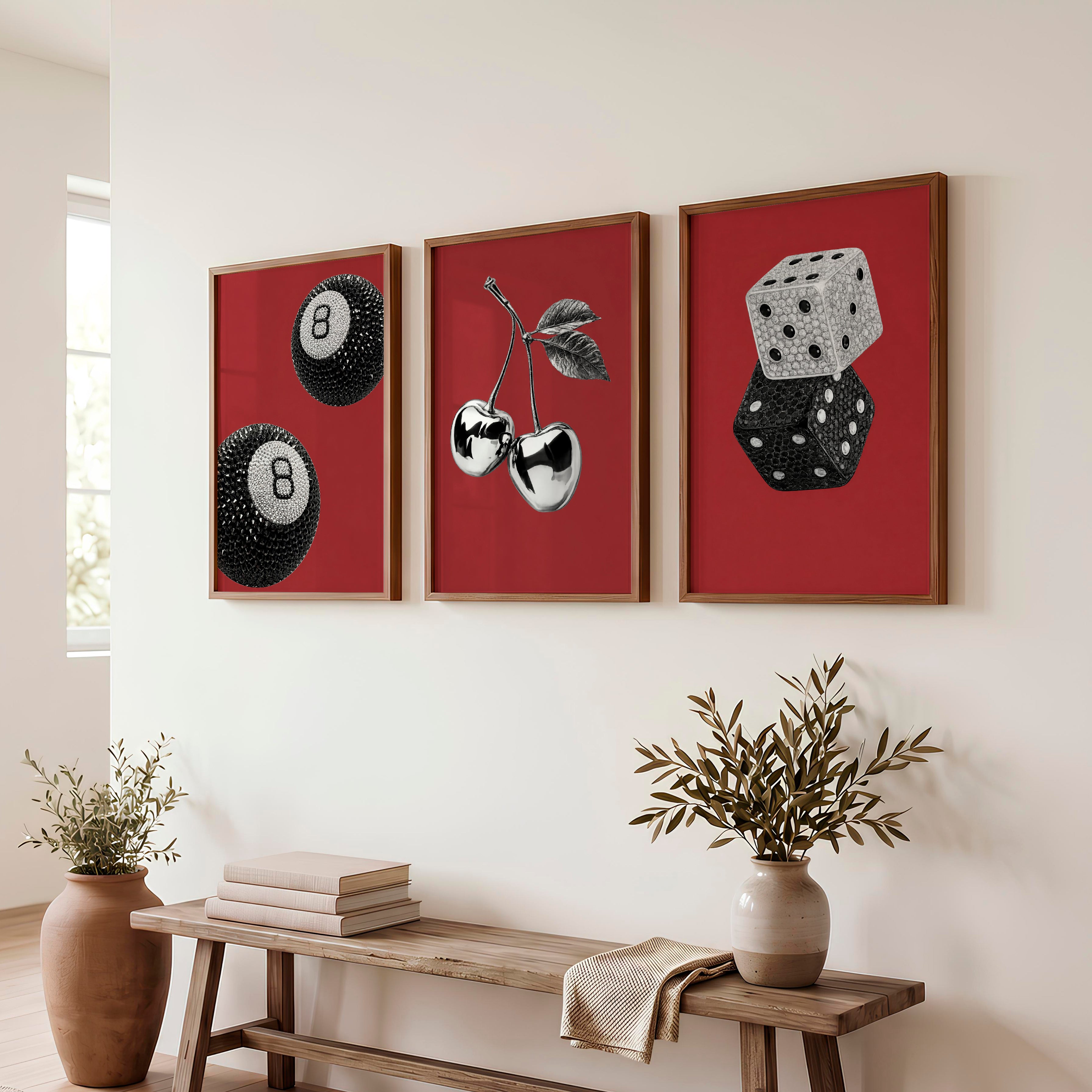 Retro Wall Art with Lucky 8 Ball and Crystal Dice - Dark Brown Framed Poster No Border - Artworksets