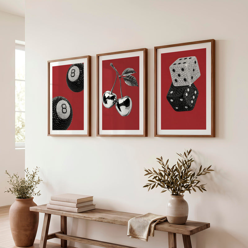 Retro Wall Art with Lucky 8 Ball and Crystal Dice - Dark Brown Framed Poster with White Border - Artworksets