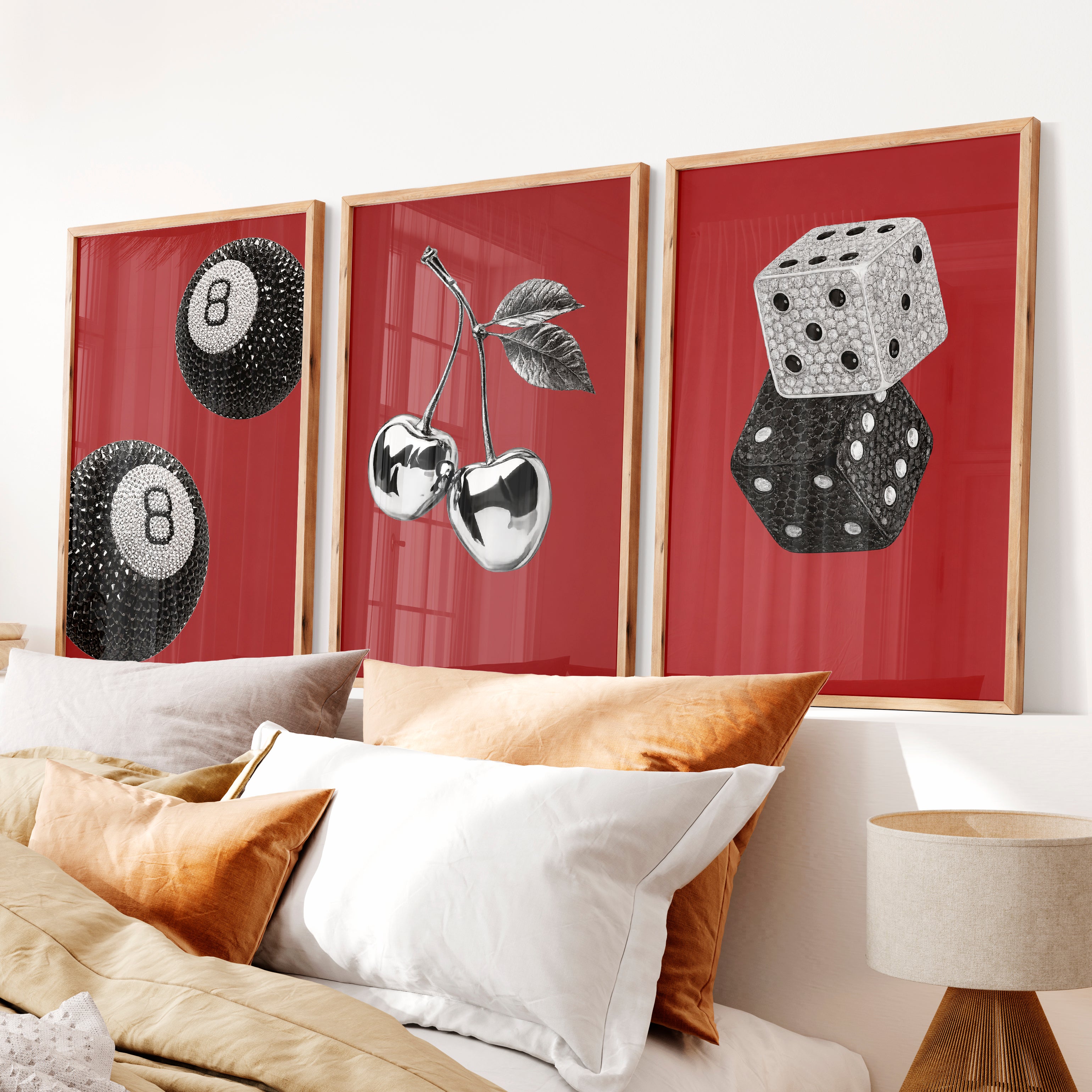 Retro Wall Art with Lucky 8 Ball and Crystal Dice - Natural Wood Framed Poster No Border - Artworksets