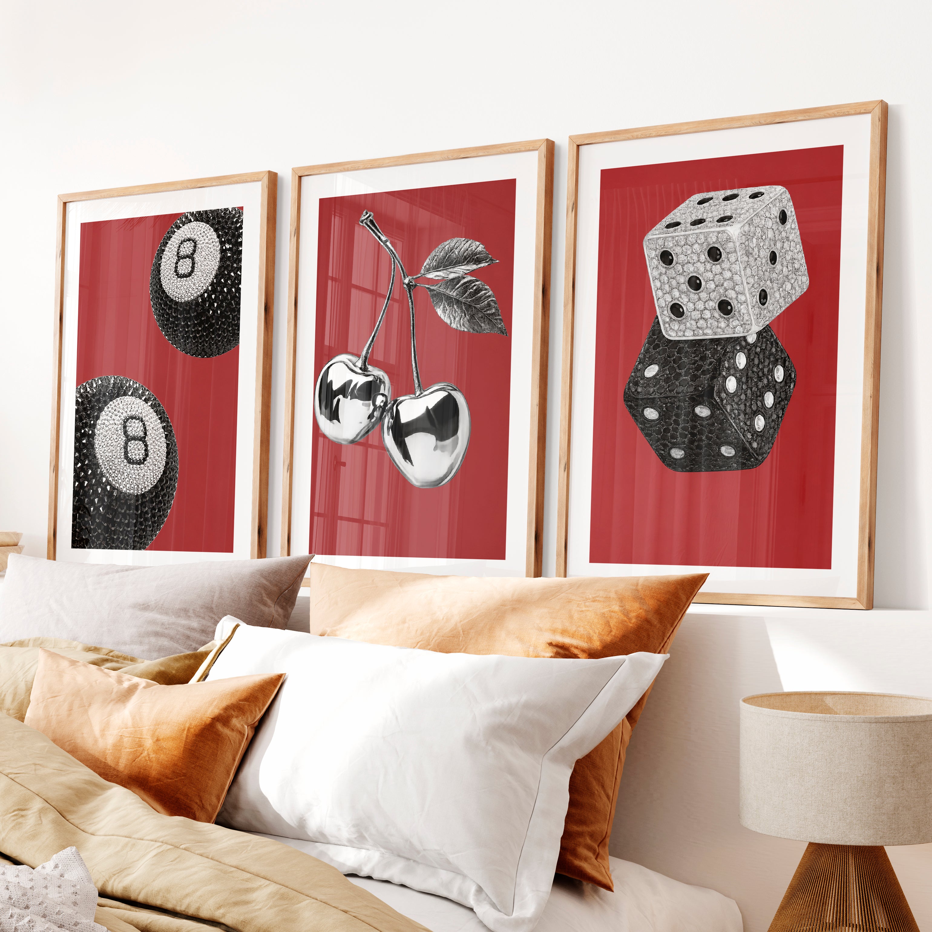 Retro Wall Art with Lucky 8 Ball and Crystal Dice- Natural Wood Framed Poster with White Border - Artworksets