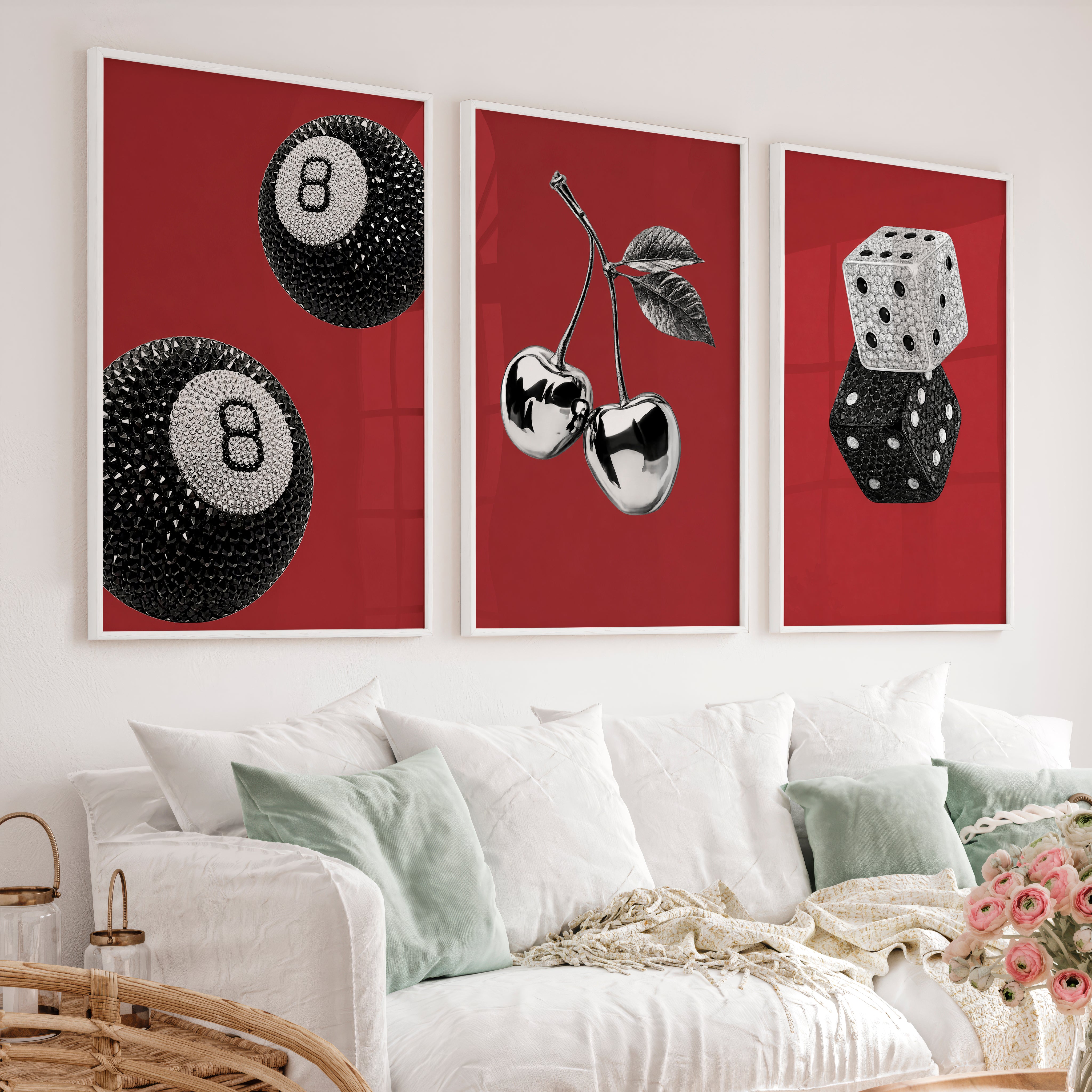 Retro Wall Art with Lucky 8 Ball and Crystal Dice - White Framed Poster No Border - Artworksets