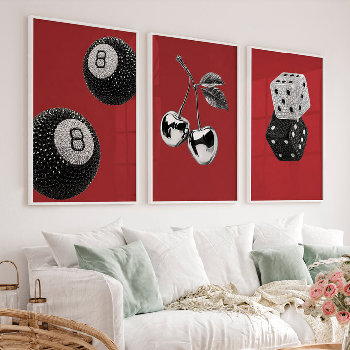 Retro Wall Art with Lucky 8 Ball and Crystal Dice - White Framed Poster No Border - Artworksets