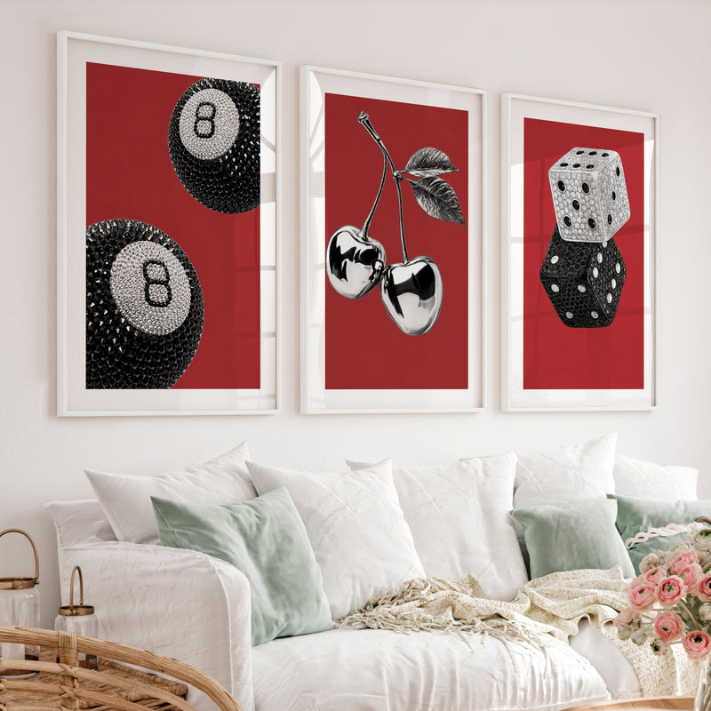 Retro Wall Art with Lucky 8 Ball and Crystal Dice - White Framed Poster with White Border - Artworksets