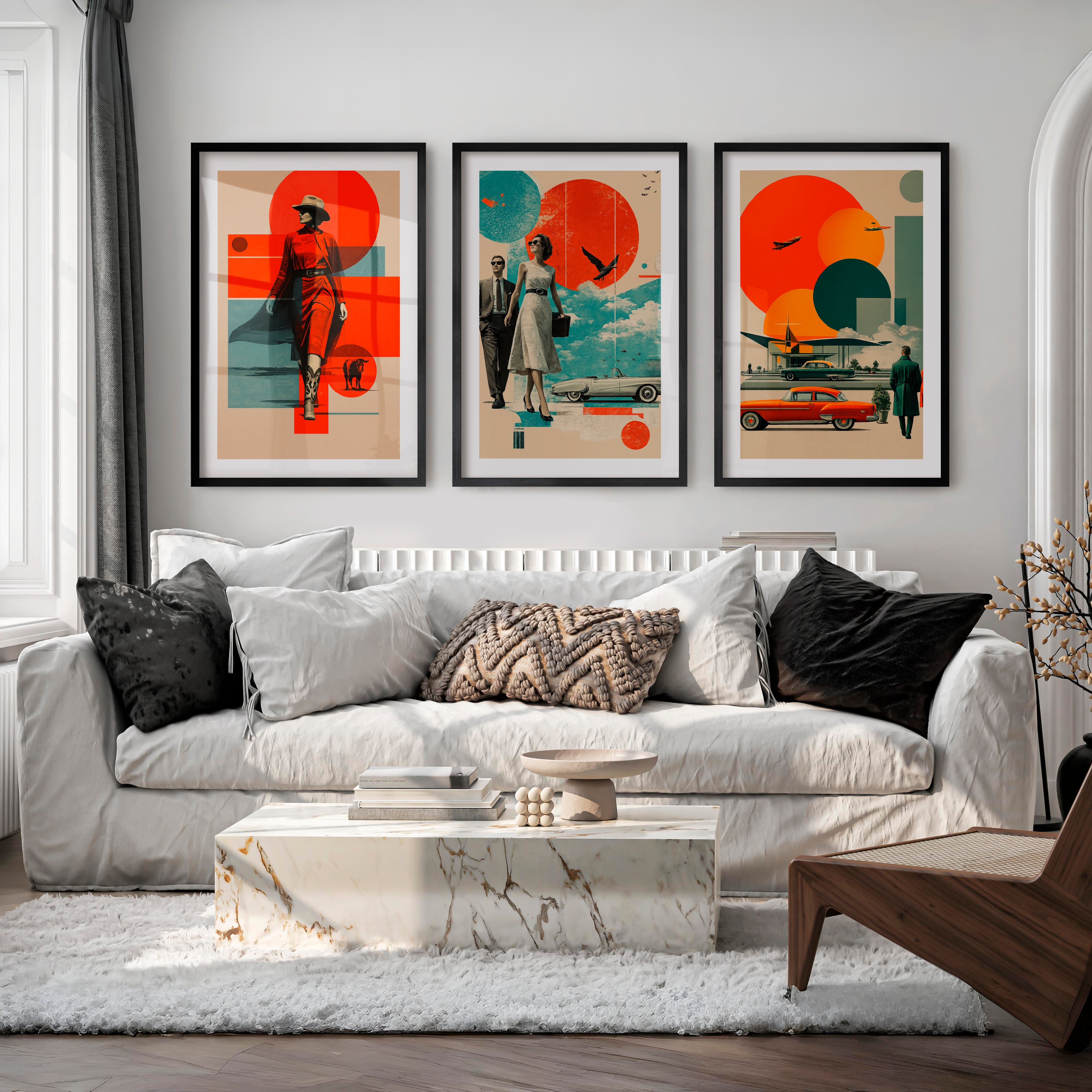 Retro Wall Art with Mid Century Fashion and Vintage Cars - Black Framed Poster with White Border - Artworksets