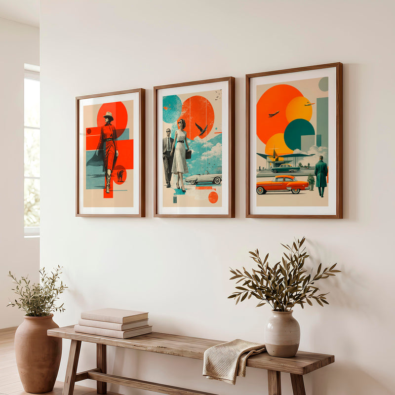 Retro Wall Art with Mid Century Fashion and Vintage Cars - Dark Brown Framed Poster with White Border - Artworksets