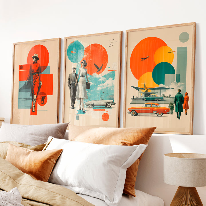 Retro Wall Art with Mid Century Fashion and Vintage Cars - Natural Wood Framed Poster No Border - Artworksets
