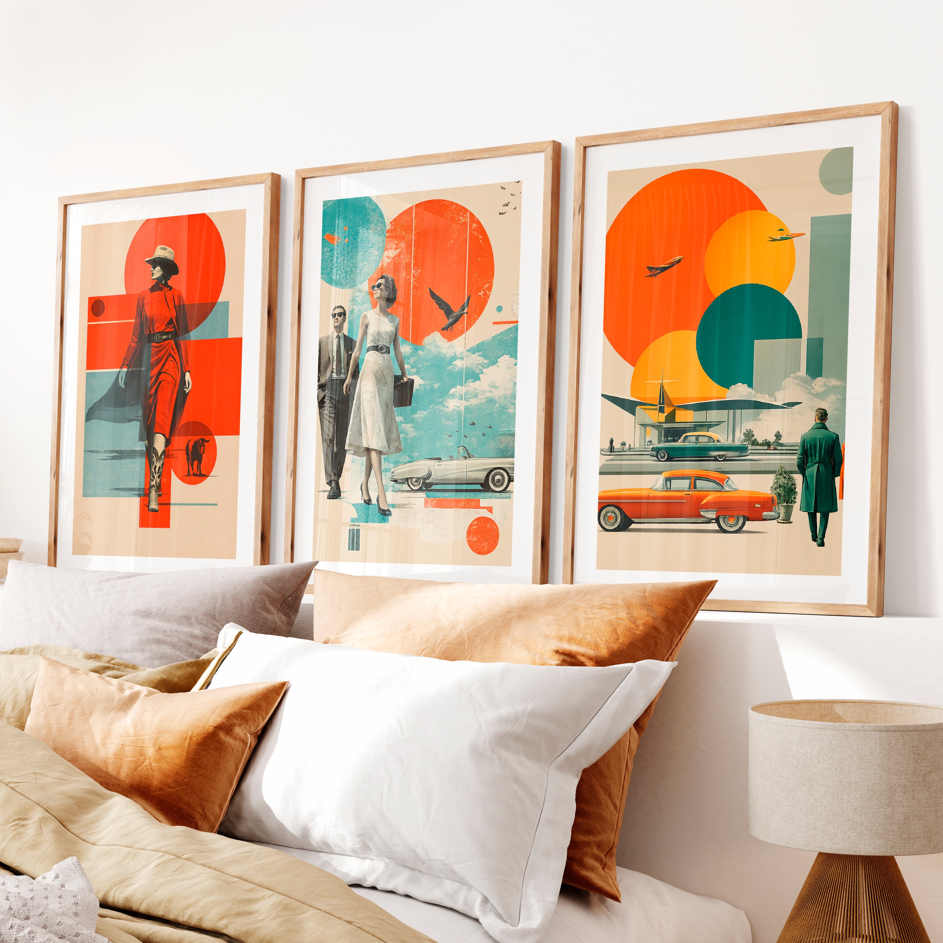 Retro Wall Art with Mid Century Fashion and Vintage Cars- Natural Wood Framed Poster with White Border - Artworksets